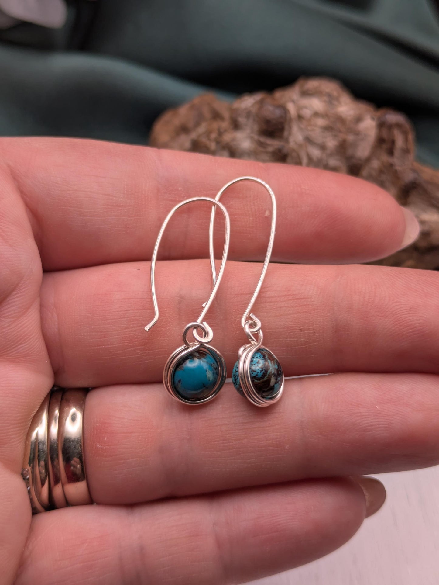 Handwrapped African Turquoise Earrings in Silver Healing Crystal Jewellery for Transformation and Inner Wisdom