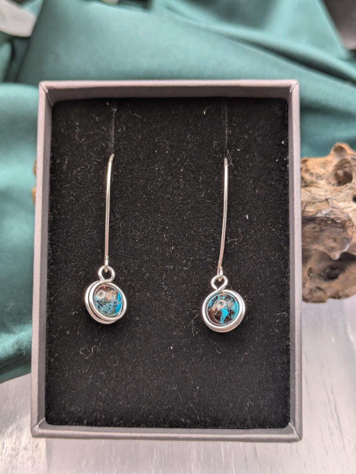 Handwrapped African Turquoise Earrings in Silver Healing Crystal Jewellery for Transformation and Inner Wisdom