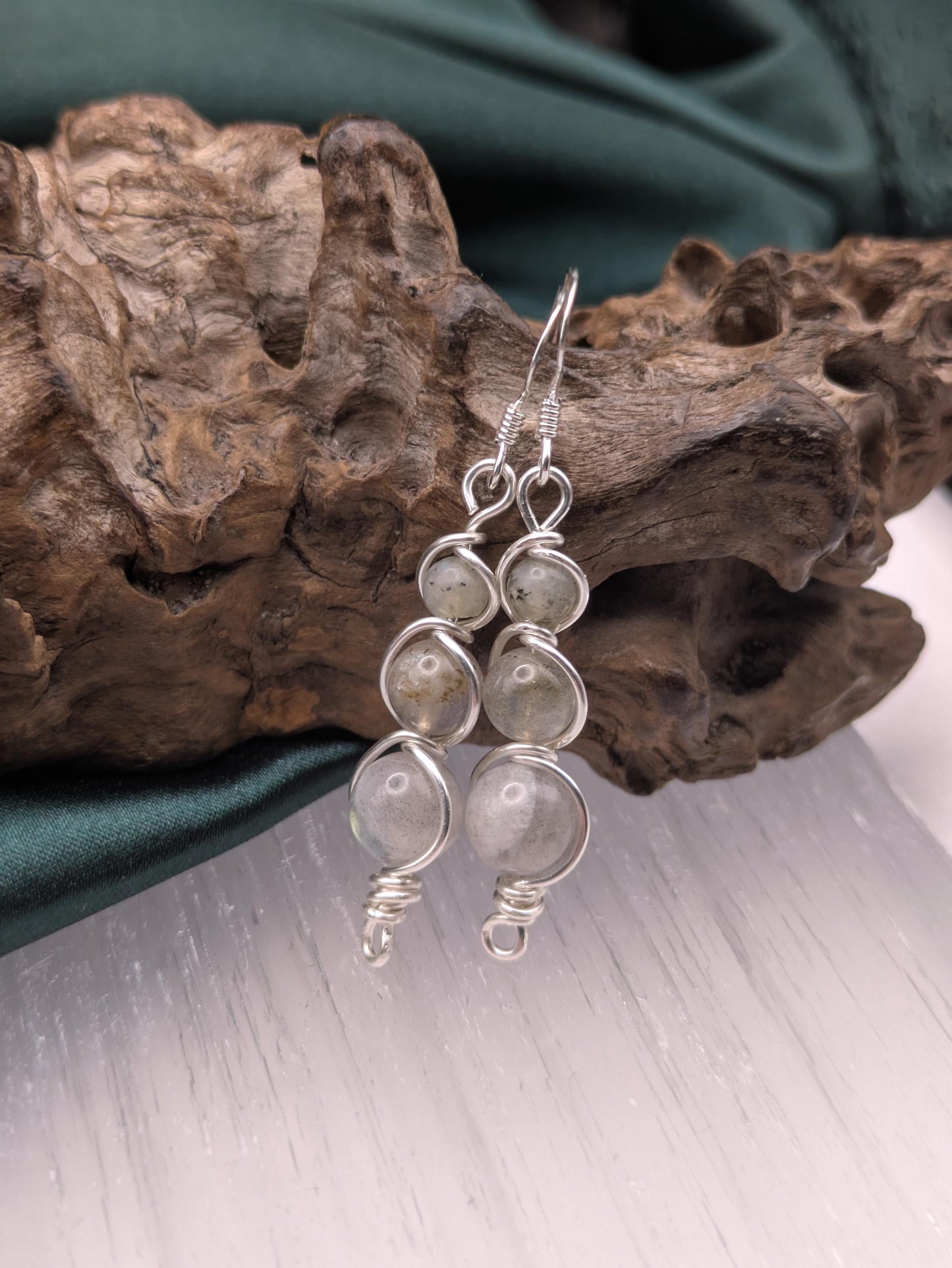 Labradorite Dangle Earrings: Silver Wire Wrapped Healing Crystals