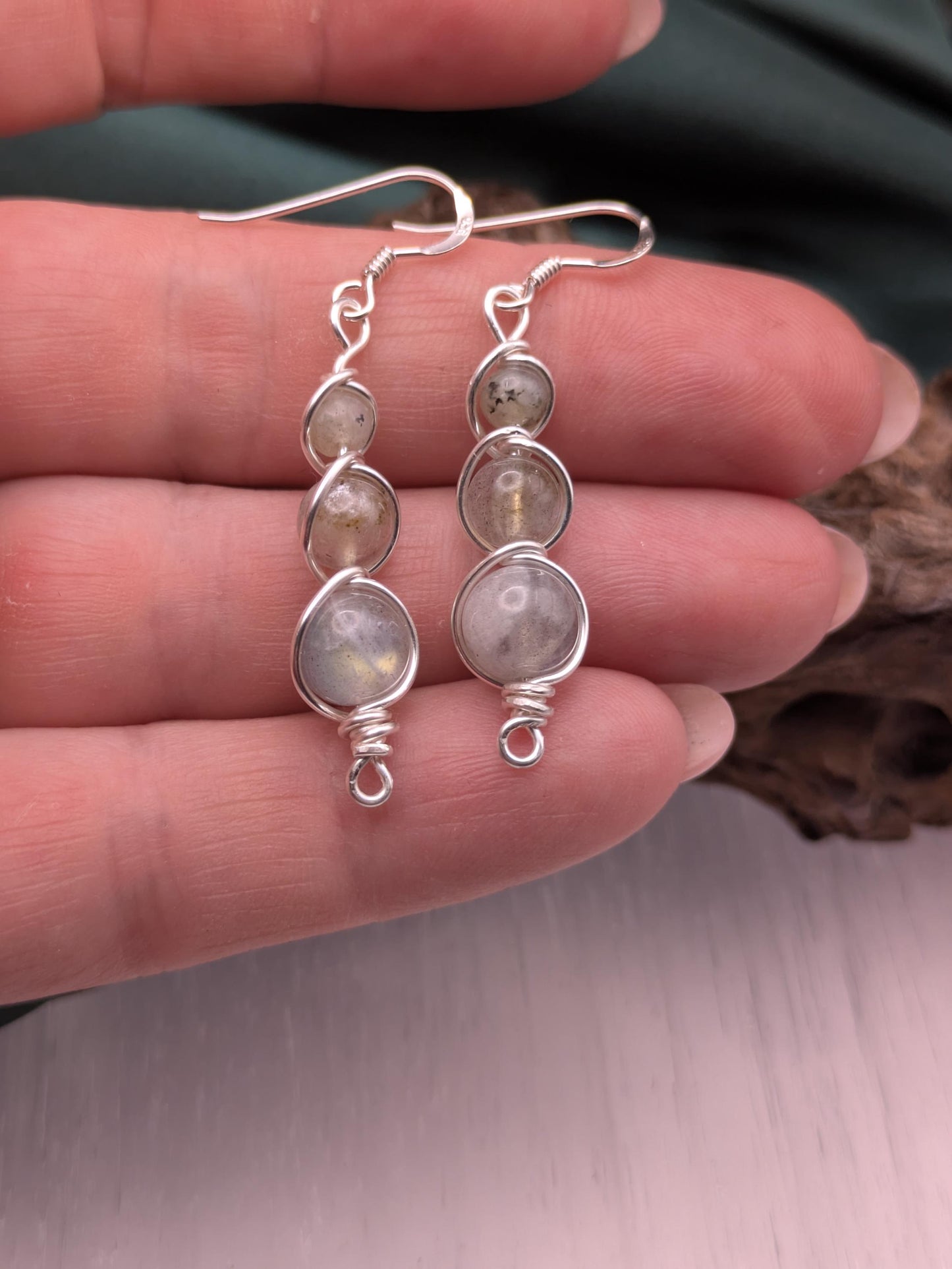 Labradorite Dangle Earrings: Silver Wire Wrapped Healing Crystals
