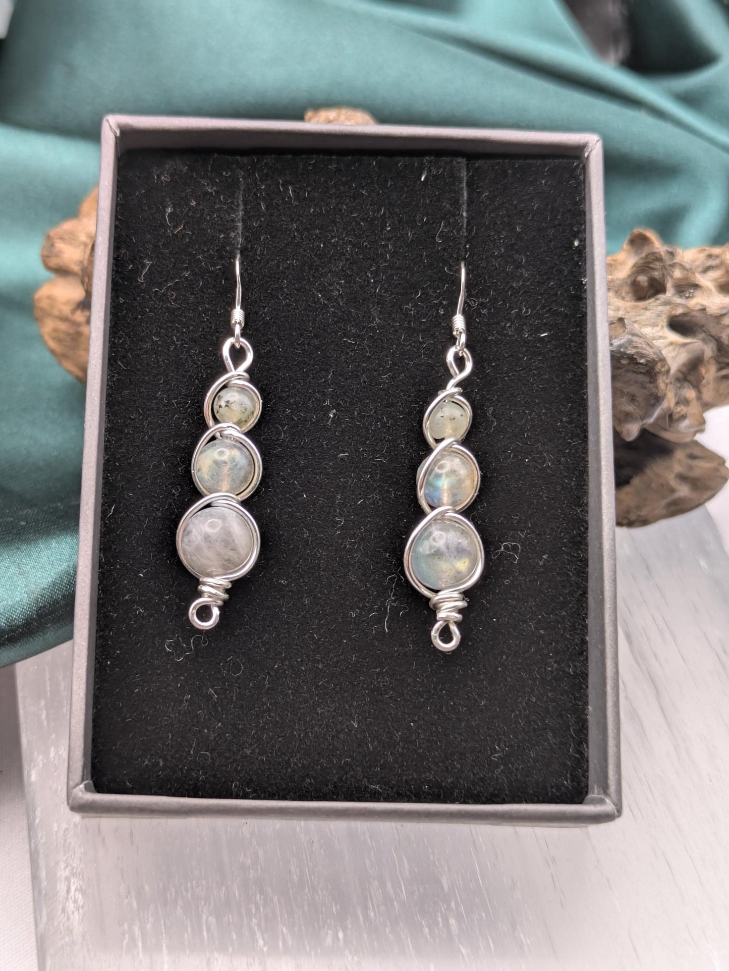 Labradorite Dangle Earrings: Silver Wire Wrapped Healing Crystals