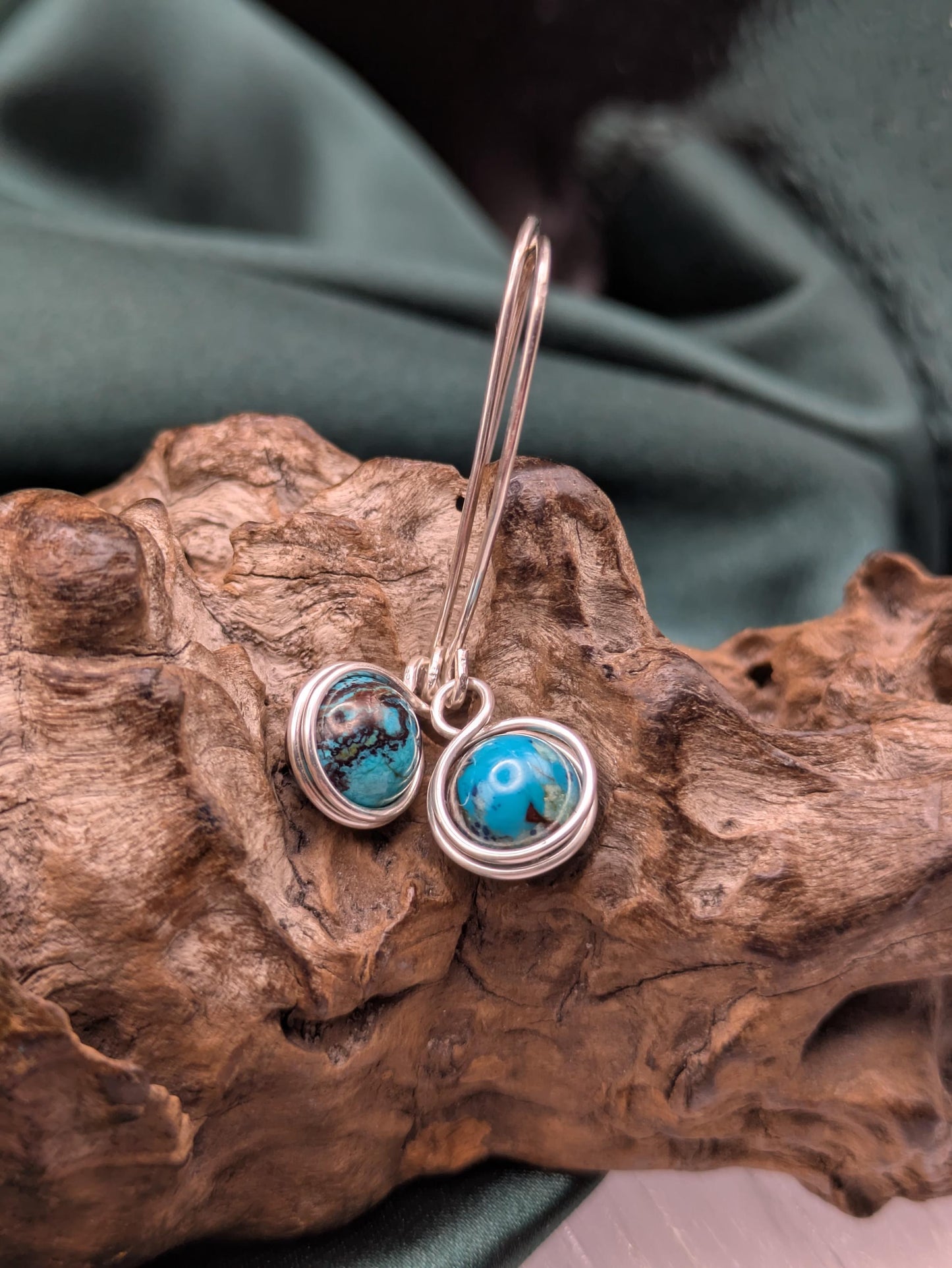 Handwrapped African Turquoise Earrings in Silver Healing Crystal Jewellery for Transformation and Inner Wisdom