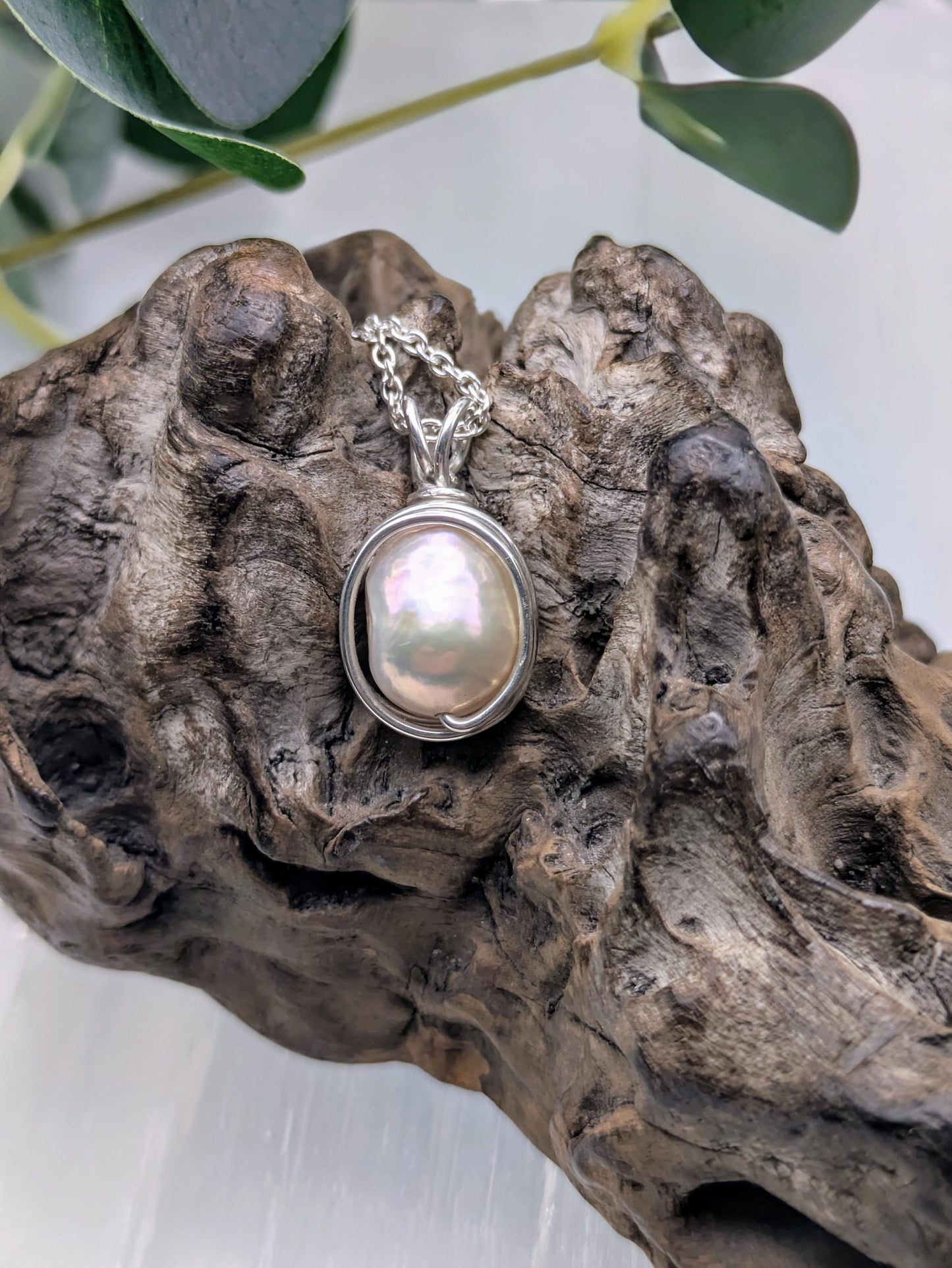 Champagne Freshwater Pearl Pendant: Sterling Silver Wire Wrapped Necklace
