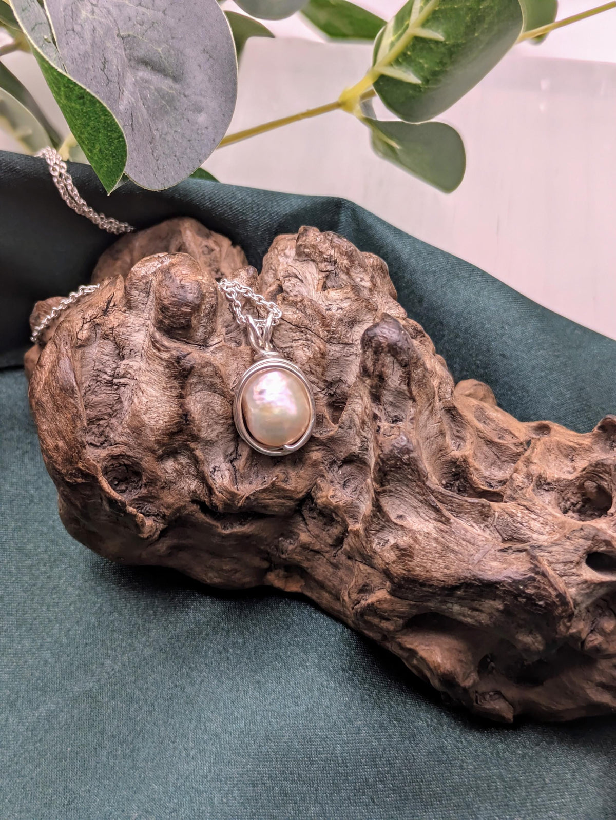 Champagne Freshwater Pearl Pendant: Sterling Silver Wire Wrapped Necklace