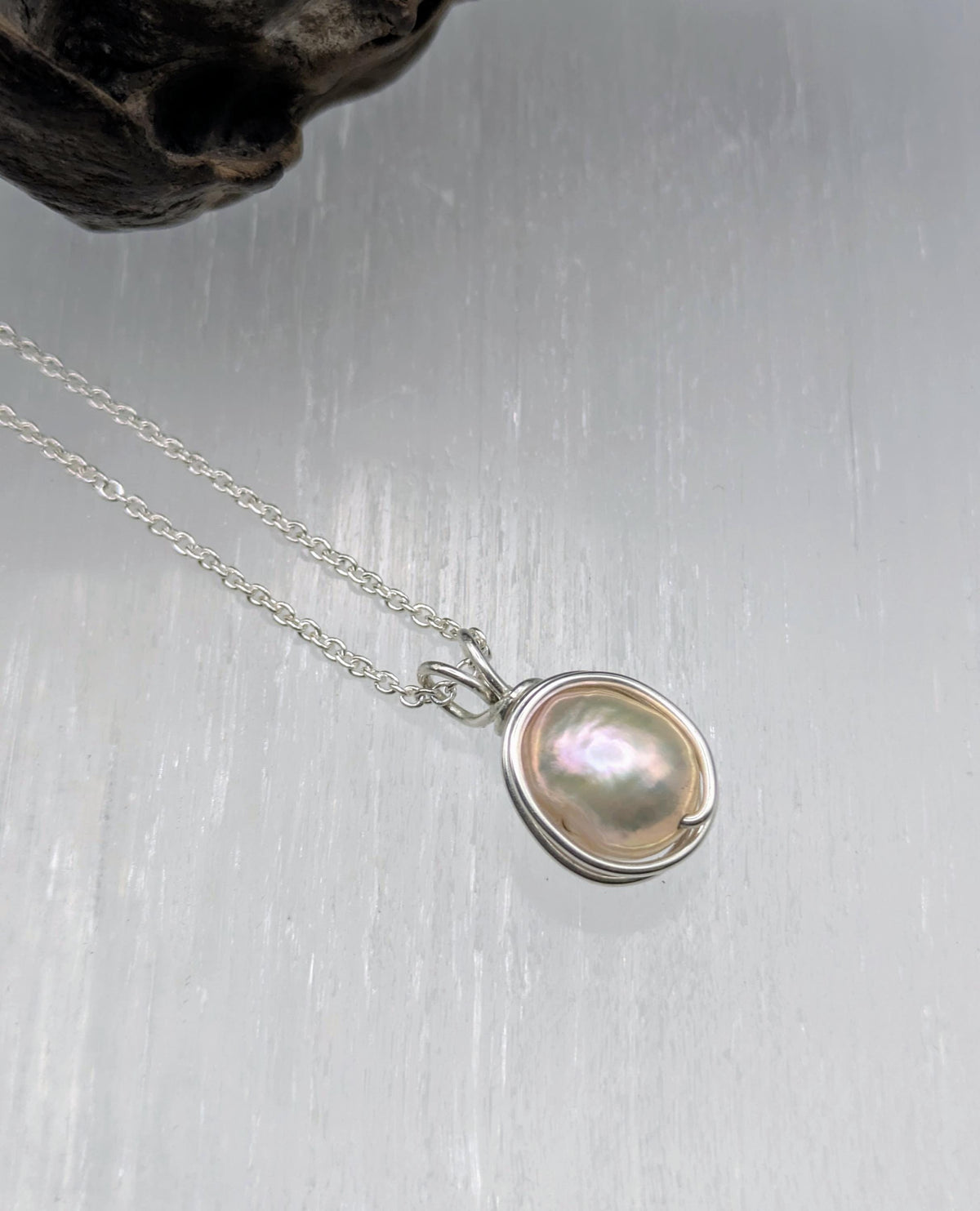 Champagne Freshwater Pearl Pendant: Sterling Silver Wire Wrapped Necklace