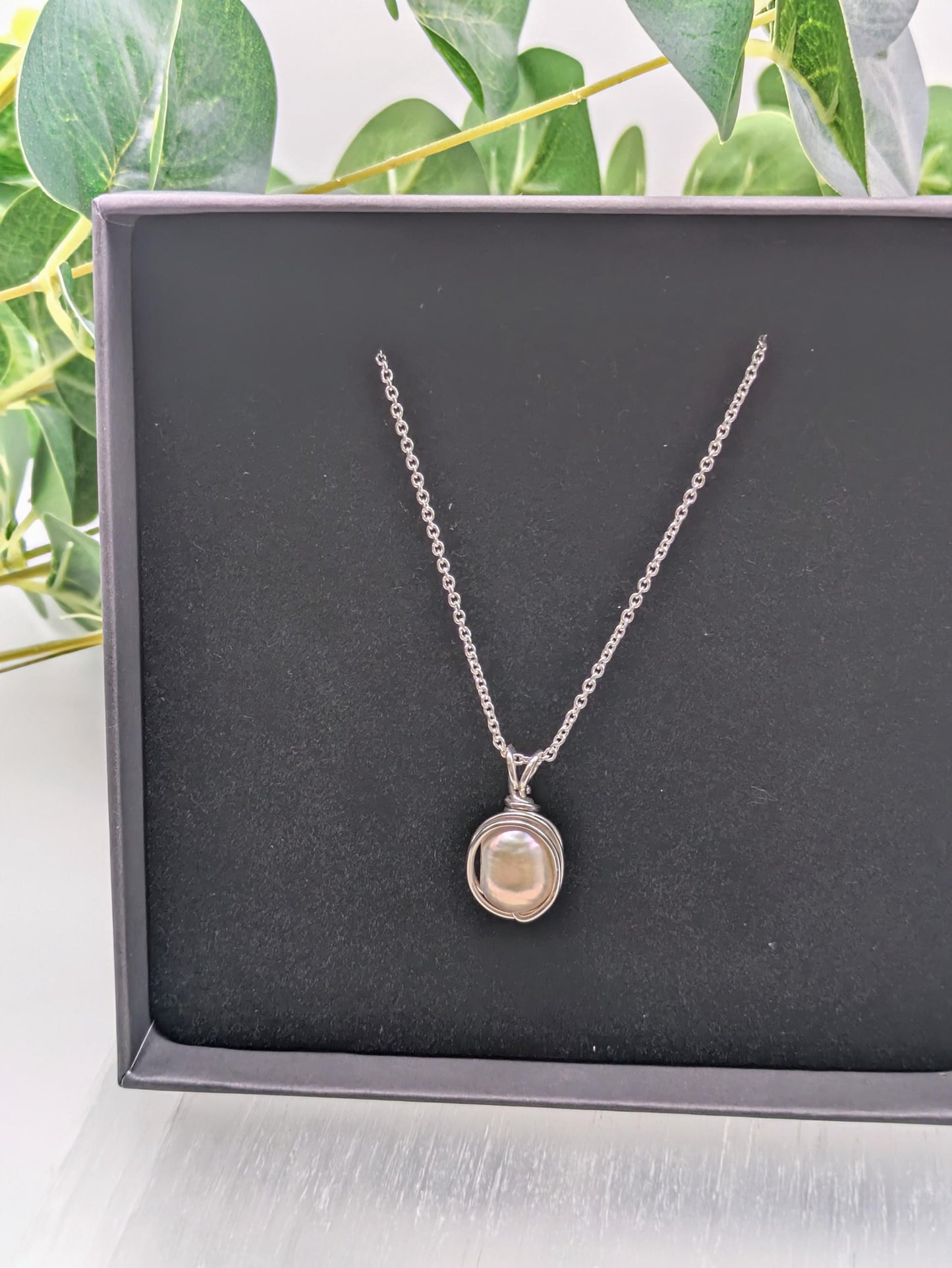 Champagne Freshwater Pearl Pendant: Sterling Silver Wire Wrapped Necklace