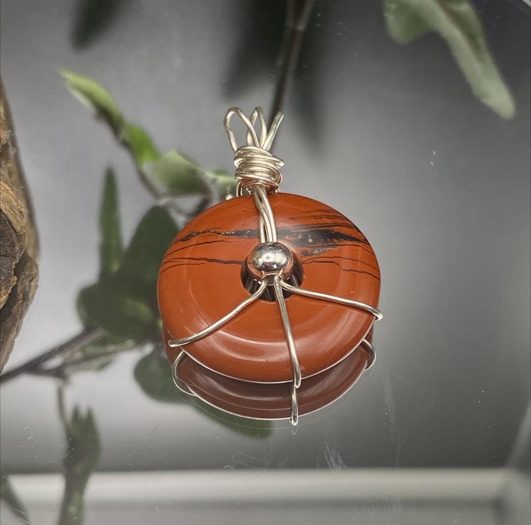 Red Jasper Doughnut Gemstone Necklace Wrapped in Sterling Silver