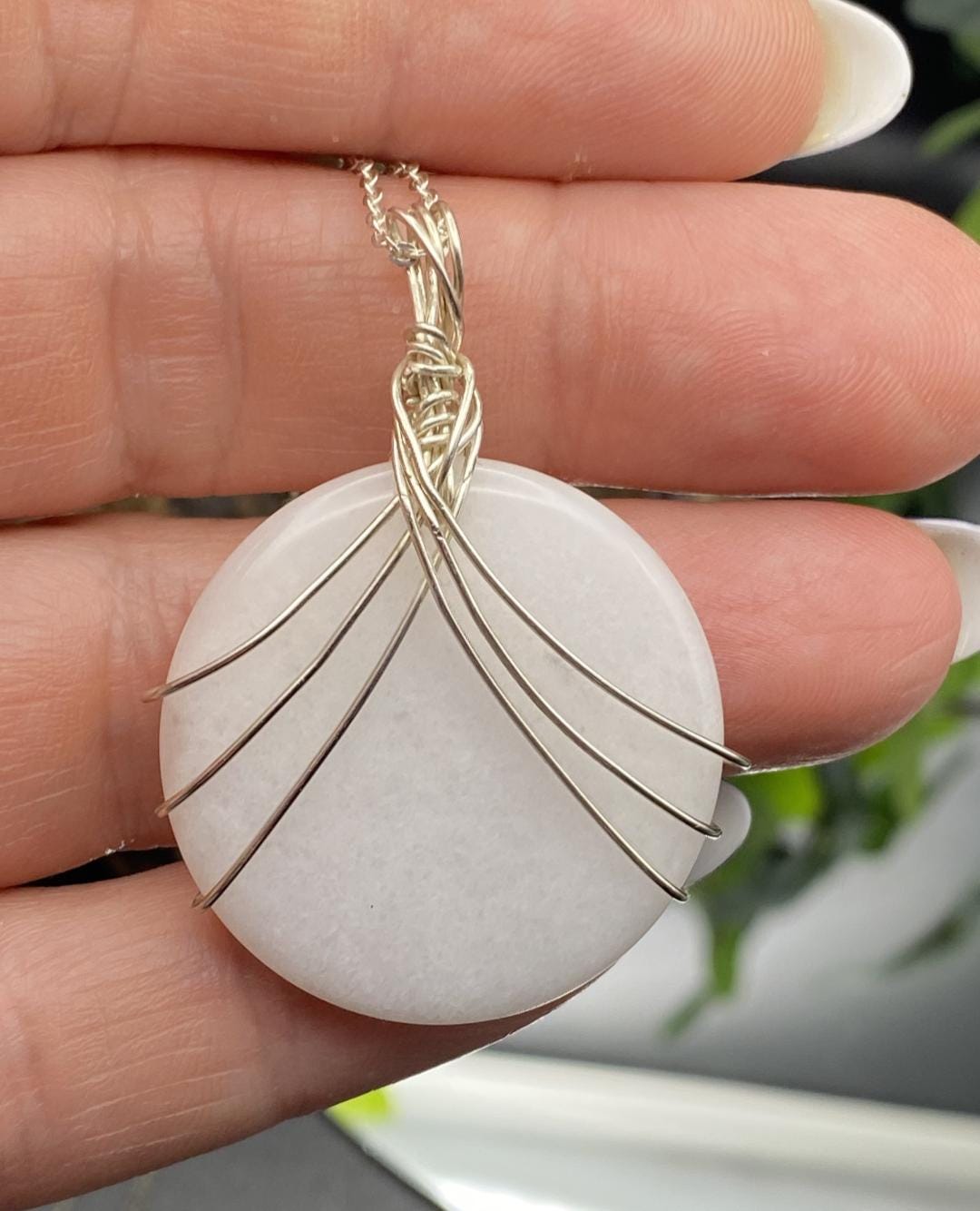 White Jade and Sterling Silver Wrapped Gemstone Necklace
