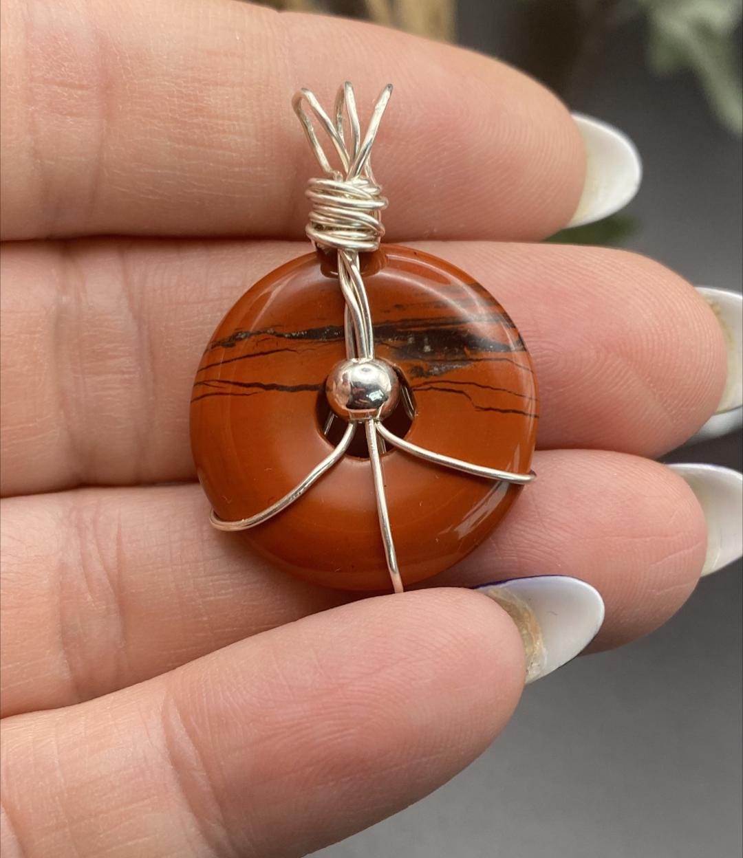 Red Jasper Doughnut Gemstone Necklace Wrapped in Sterling Silver