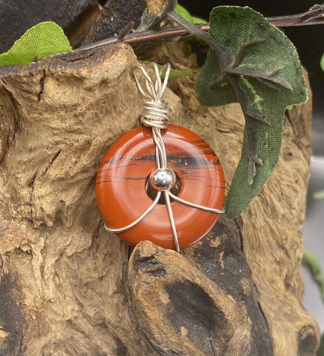 Red Jasper Doughnut Gemstone Necklace Wrapped in Sterling Silver