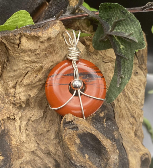 Red Jasper Doughnut Gemstone Necklace Wrapped in Sterling Silver