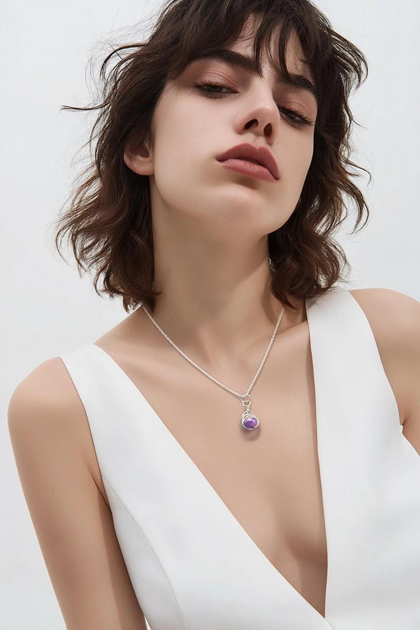 Amethyst Birthstone Necklace: Sterling Silver Herringbone Wrap, February Gift