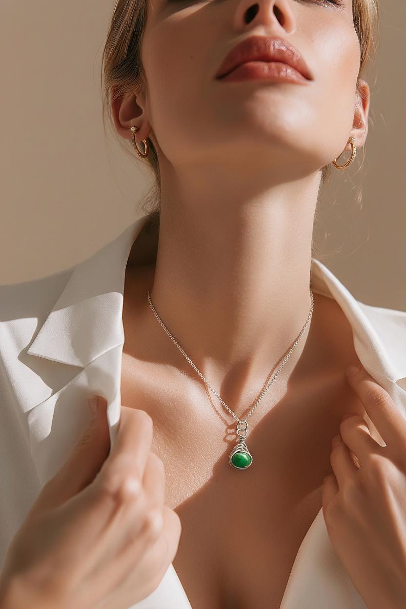Emerald Birthstone Necklace: Sterling Silver Wrapped Crystal Pendant