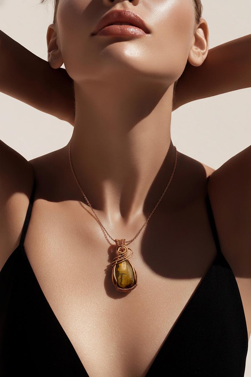 Handmade Copper Wire Wrapped Tigers Eye Pendant Necklace