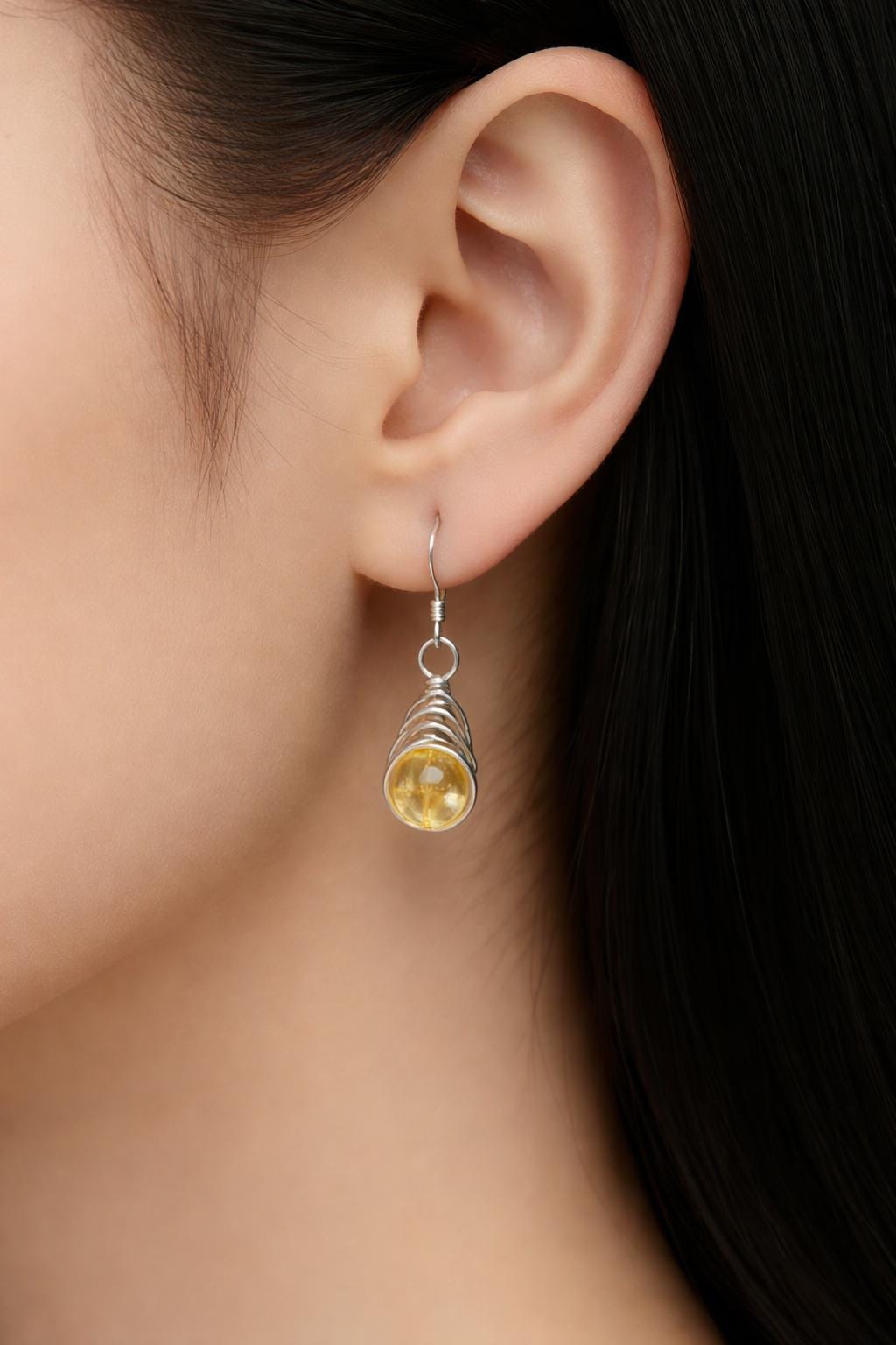 Citrine Earrings: Silver Herringbone Wrapped Crystal, November Birthstone Jewellery