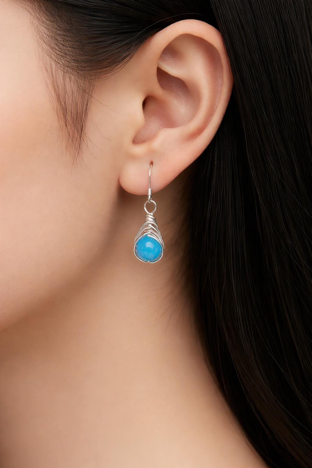 Aquamarine Earrings: Silver Herringbone Wrapped Crystal, March Birthstone Jewellery