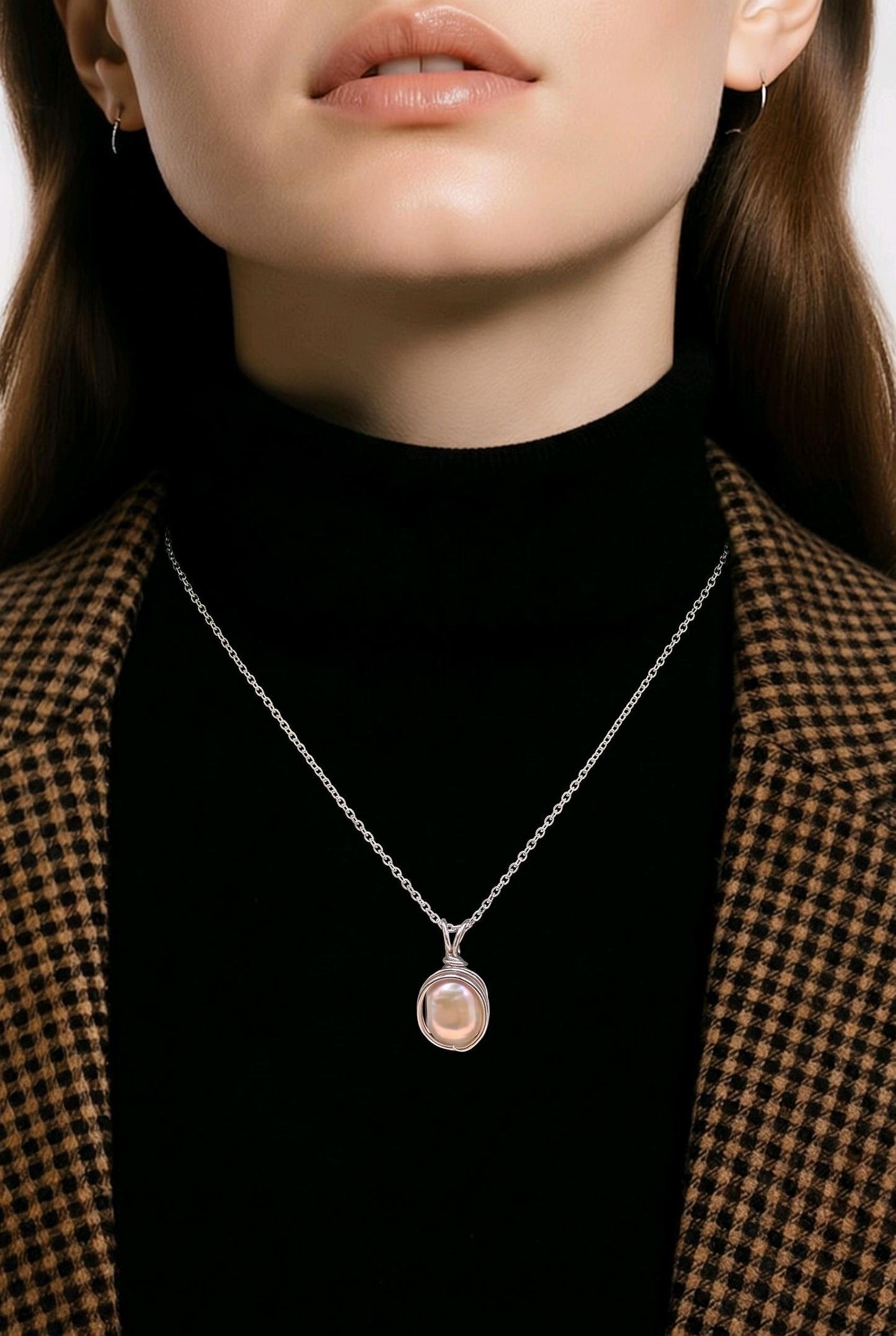 Champagne Freshwater Pearl Pendant: Sterling Silver Wire Wrapped Necklace