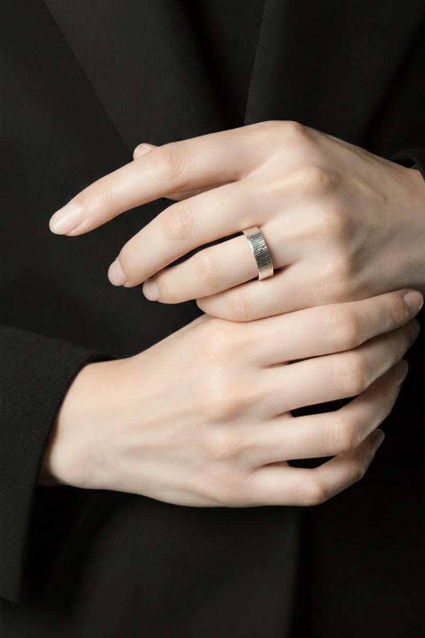 Handcrafted Sterling Silver Bark Texture Ring: 6mm Hammered Statement Band