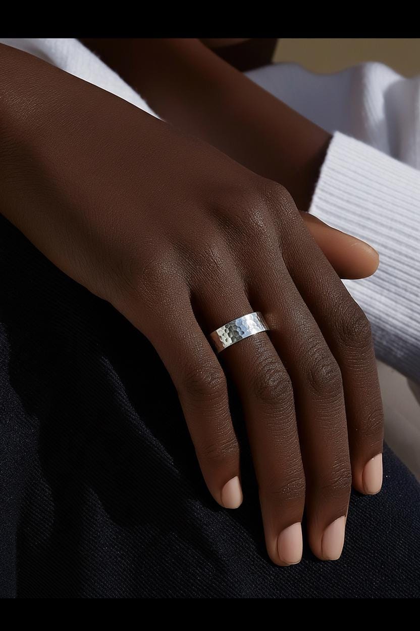 Handcrafted Hammered Texture Statement Sterling Silver Ring: 6mm 925 Band