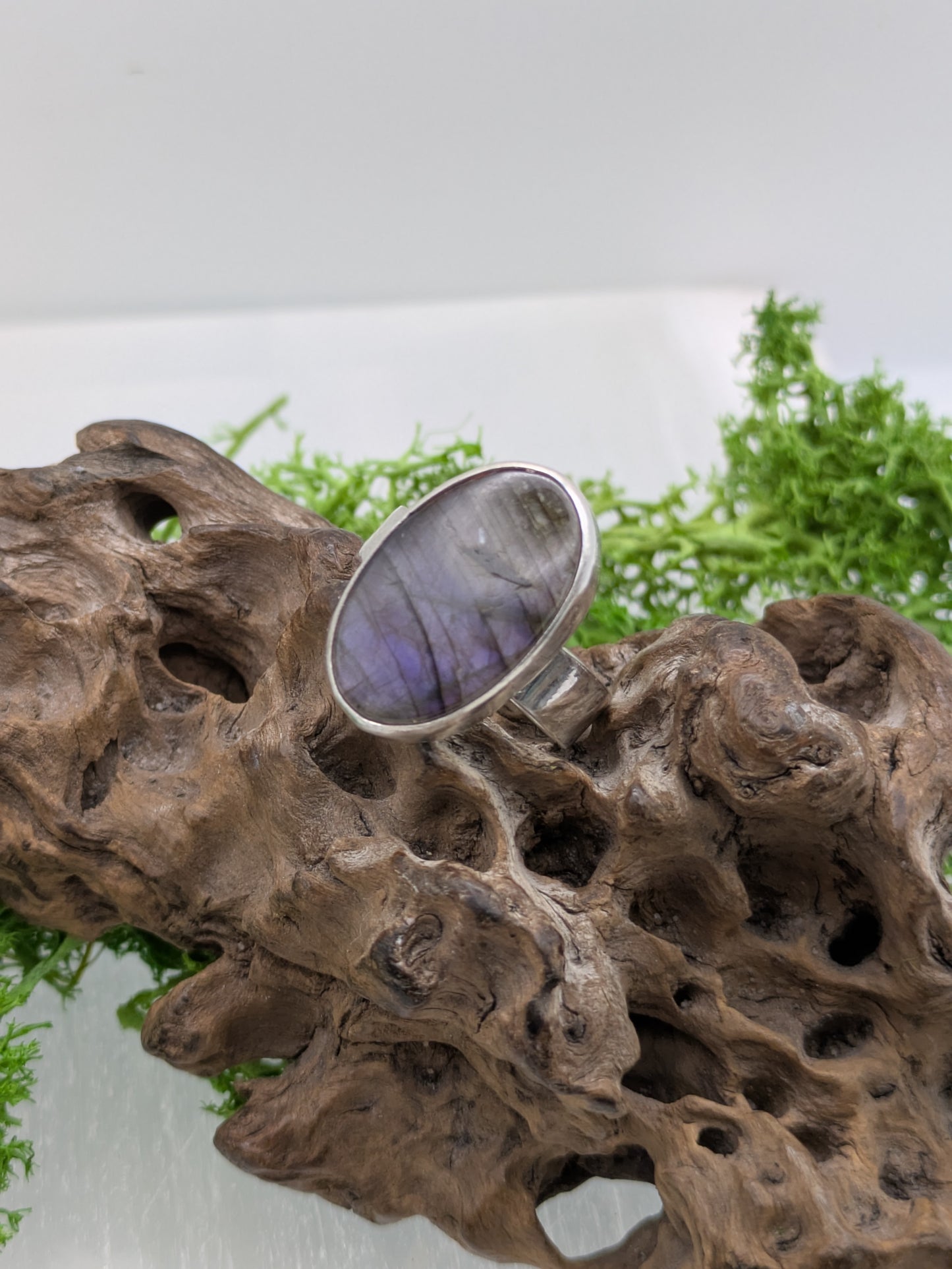 Silver ring with a purple Labradorite stone on a piece of driftwood with green moss.