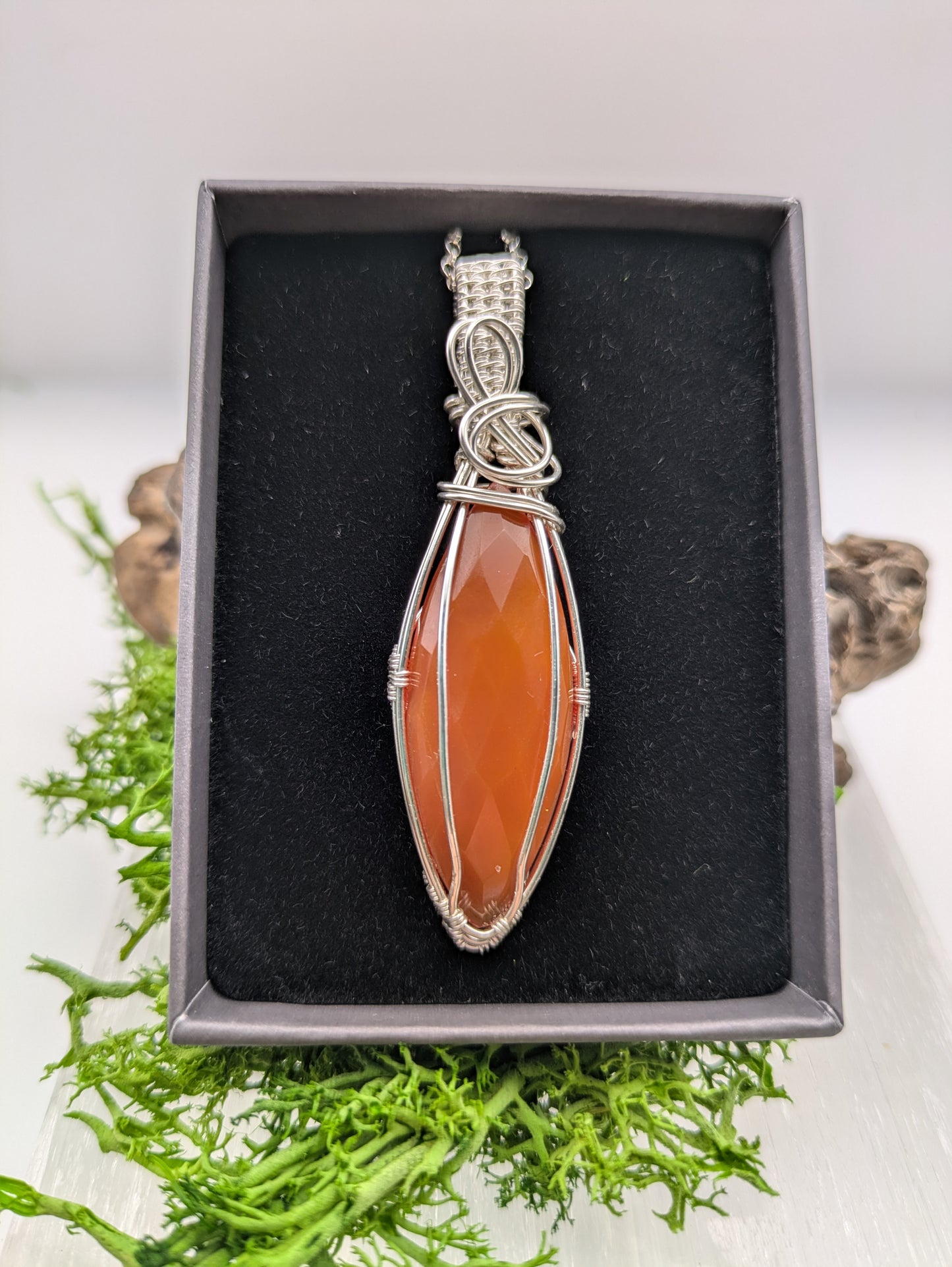 Faceted Marquis Carnelian Pendant,  Hand-Wrapped in Sterling Silver