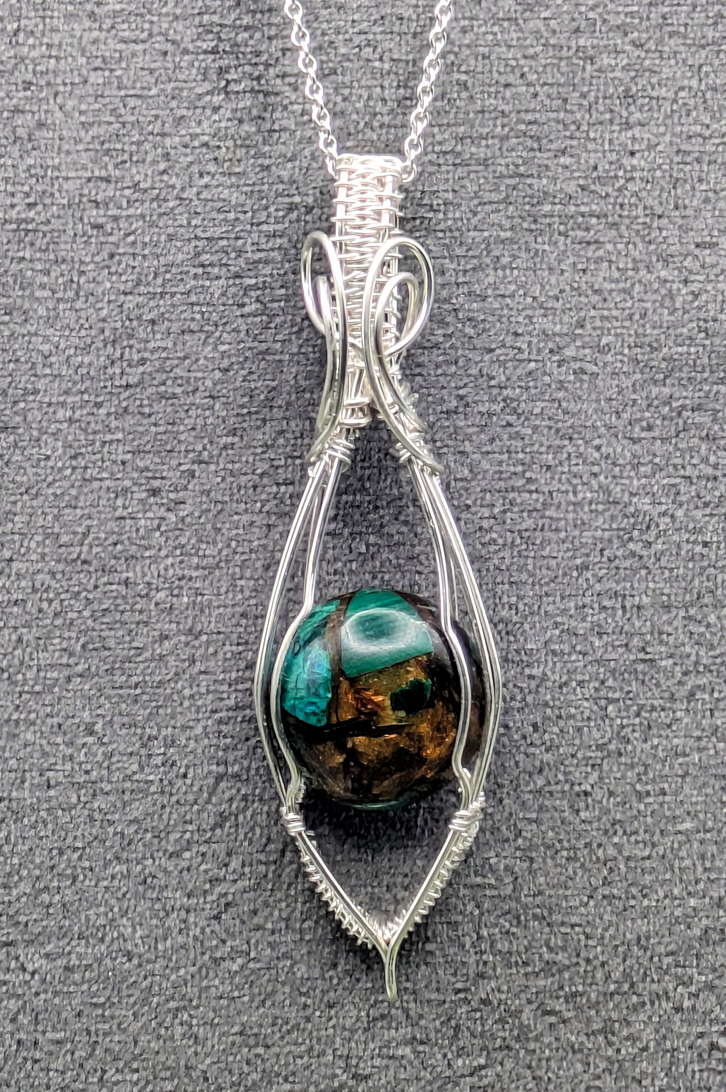 Stunning, peacock stone (copper Bornite) and silver wrapped necklace 
