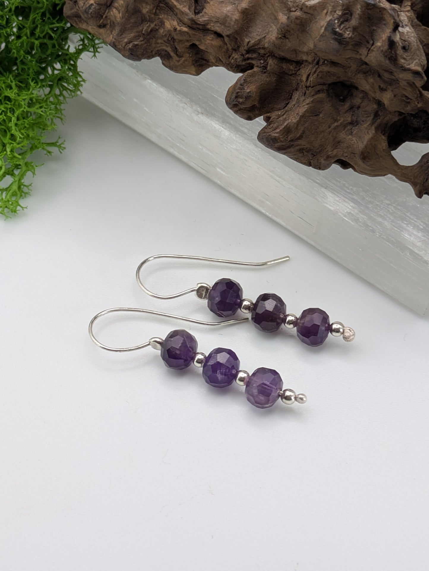 Amethyst Crystal Earrings,  Faceted Gemstones & Sterling Silver Hooks, Handmade in the UK