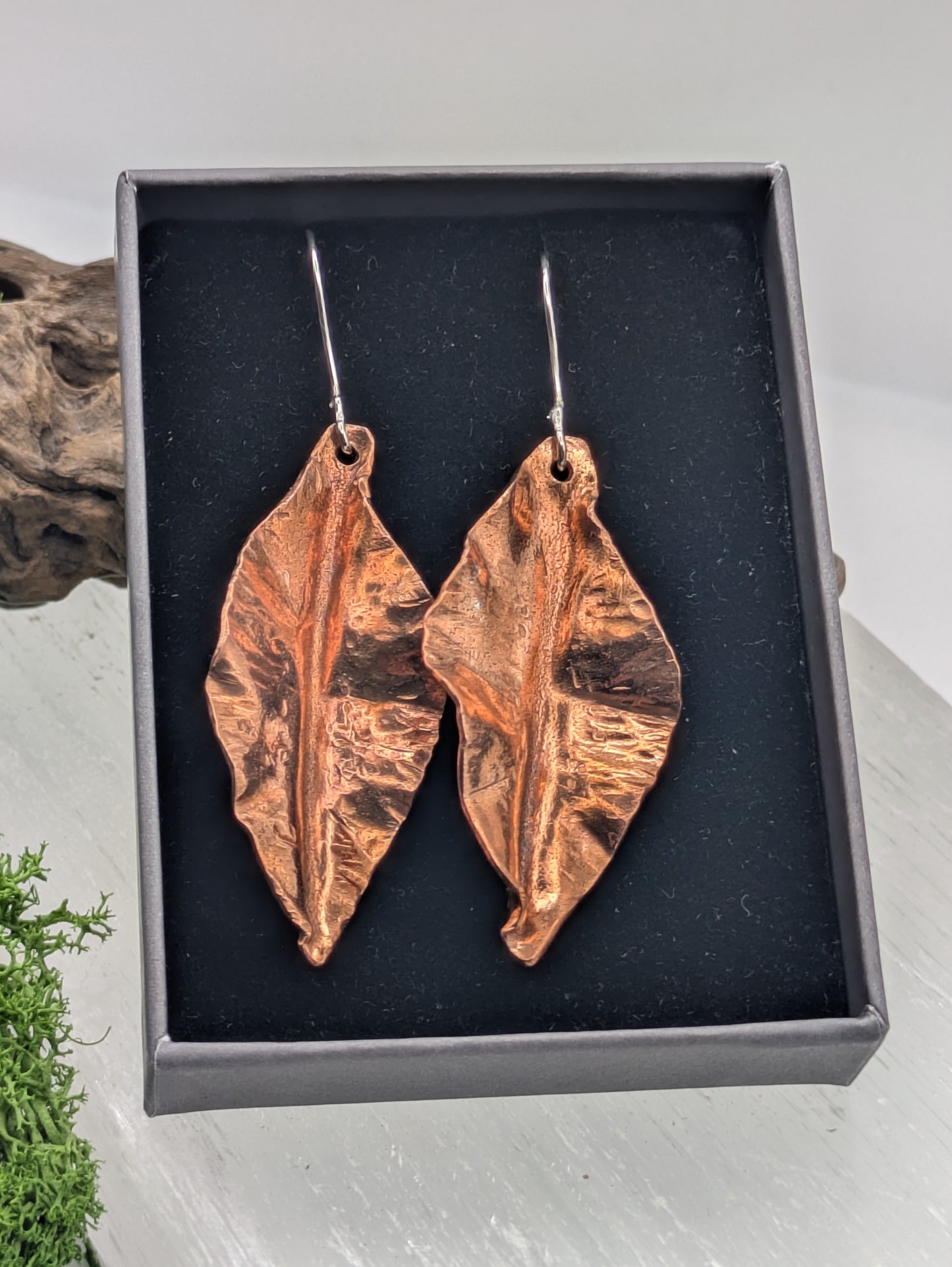 Handcrafted Copper Leaf Earrings,  Textured Nature Inspired Design, Sterling Silver Hooks