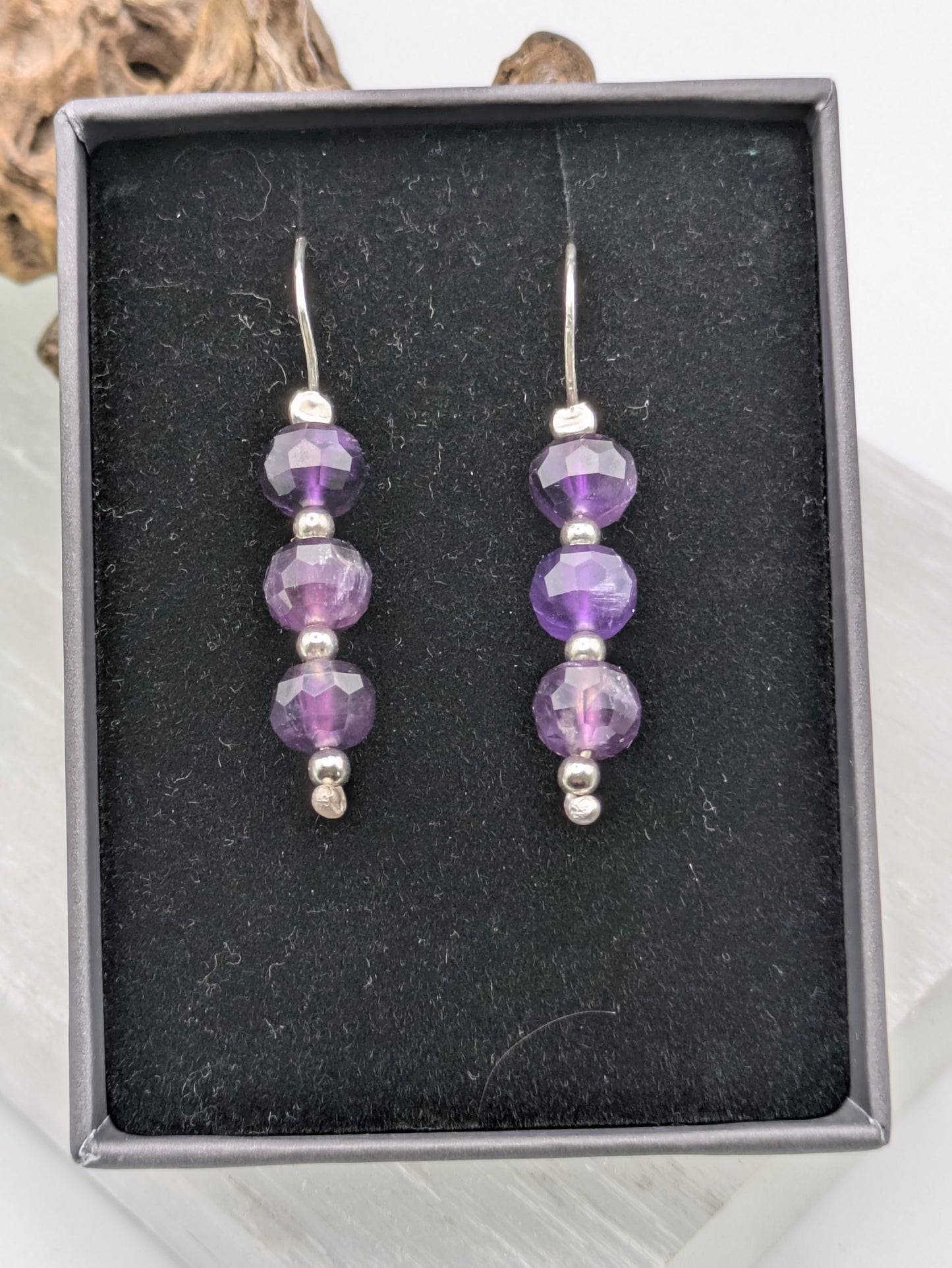Amethyst Crystal Earrings,  Faceted Gemstones & Sterling Silver Hooks, Handmade in the UK