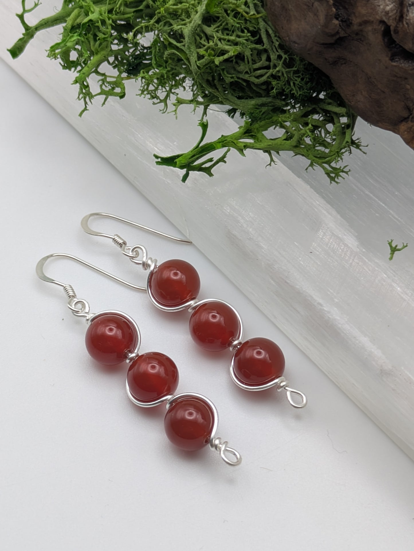 Triple Drop Carnelian Earrings,  Silver Wire-Wrapped Gemstone Dangles for Passion & Motivation
