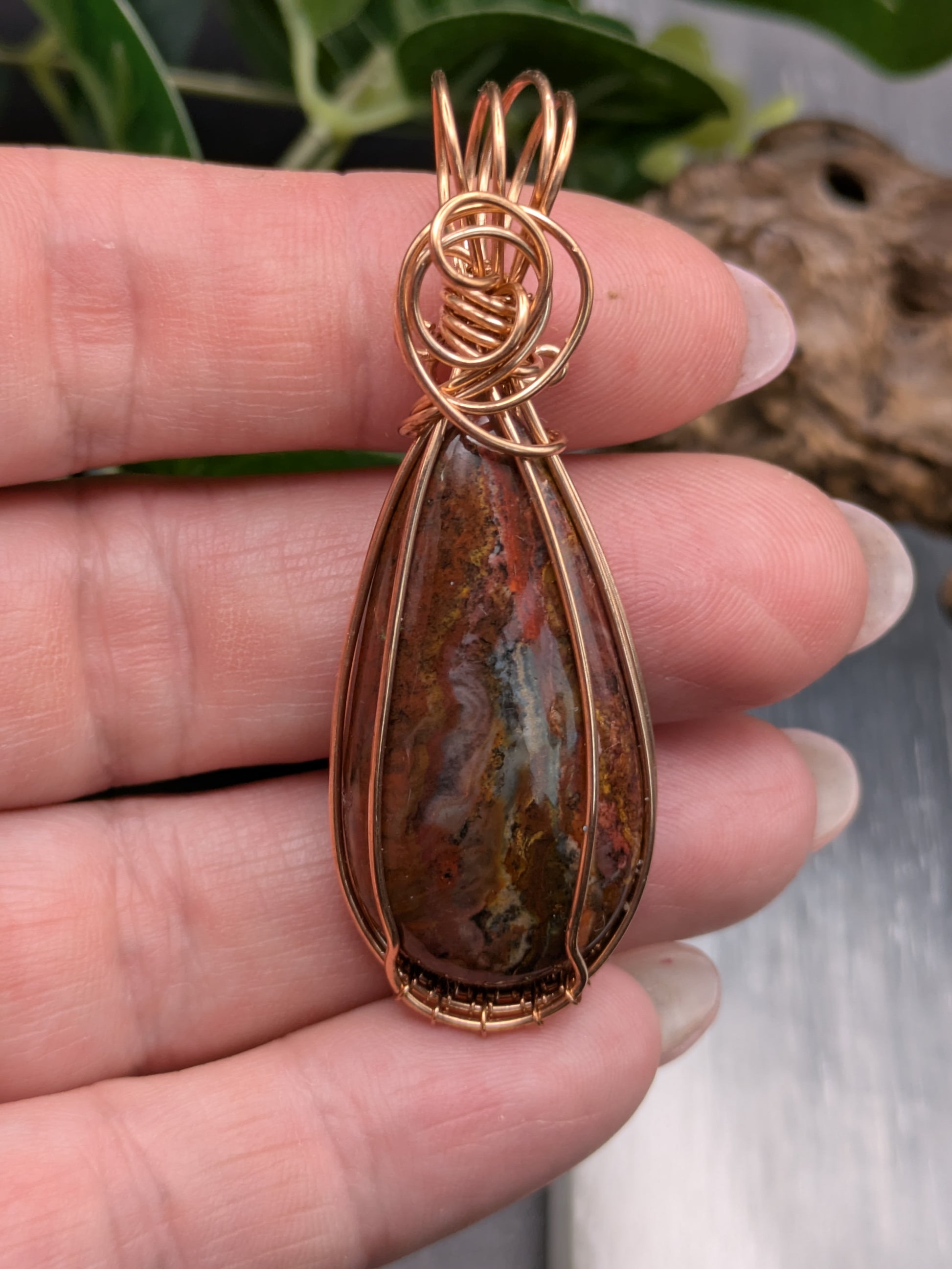 Bronze-Wrapped Red Moss Agate Pendant – Earthy Elegance & Grounding Energy