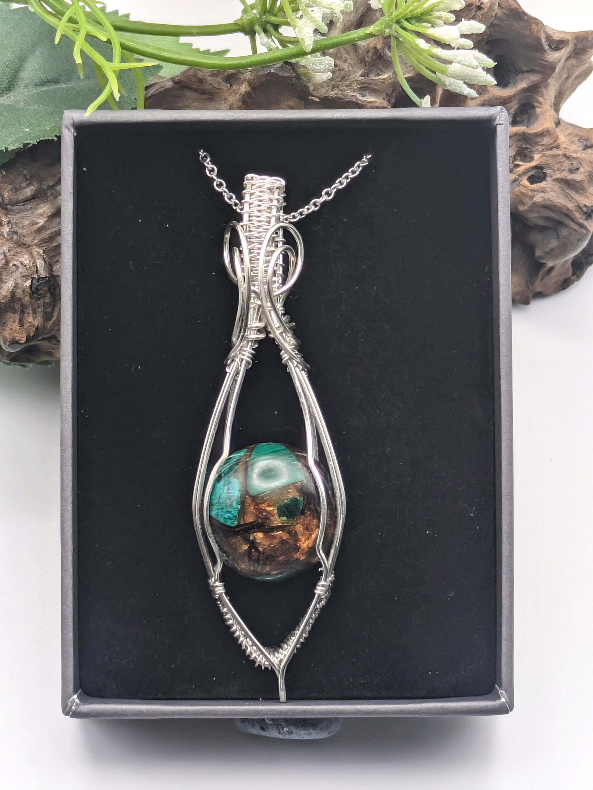 Beautiful green and copper Bornite handmade Sterling silver necklace 