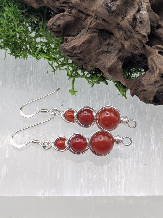Triple Drop Carnelian Earrings,  Silver Wire-Wrapped Gemstone Dangles for Passion & Motivation