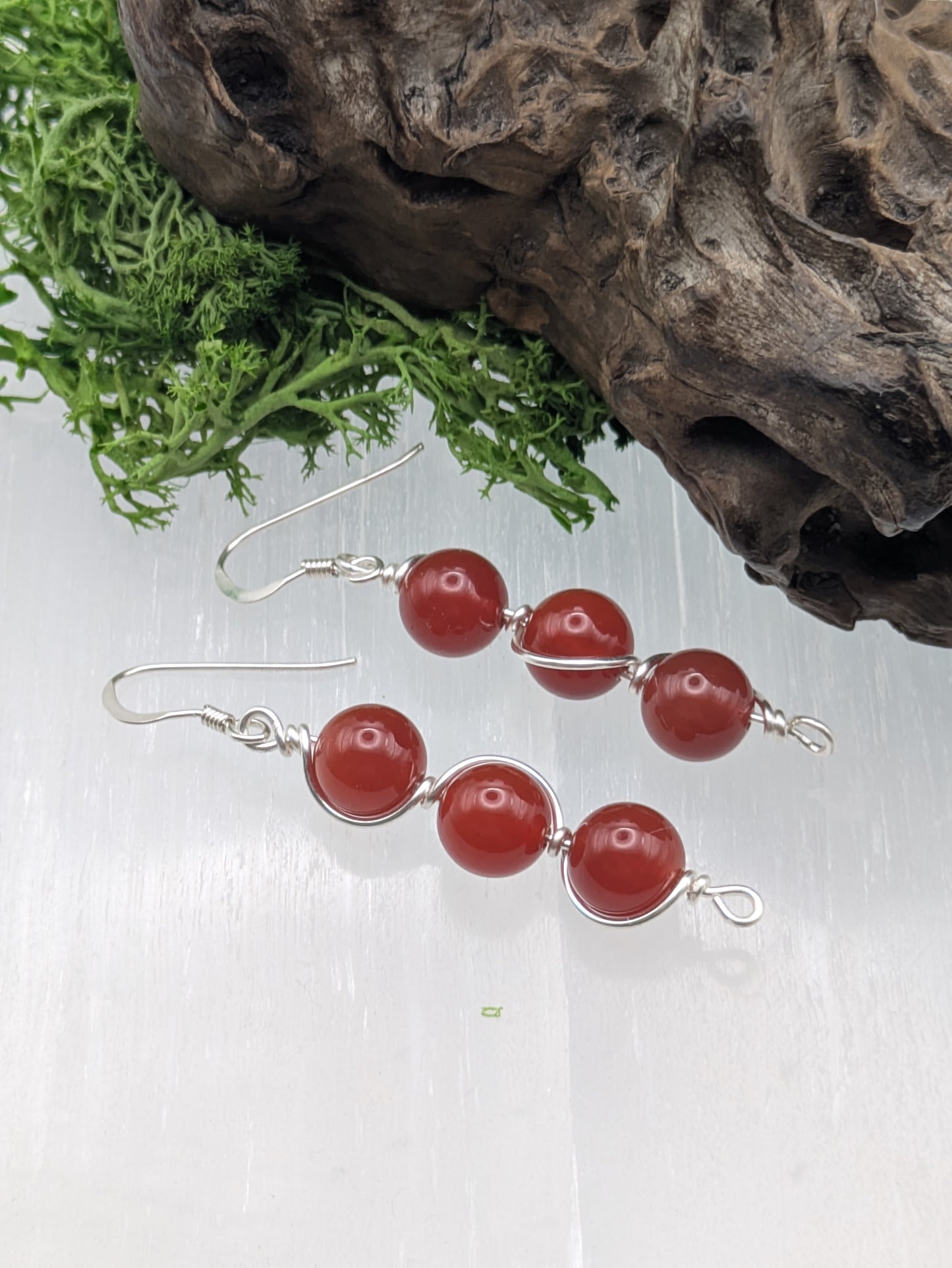 Triple Drop Carnelian Earrings,  Silver Wire-Wrapped Gemstone Dangles for Passion & Motivation