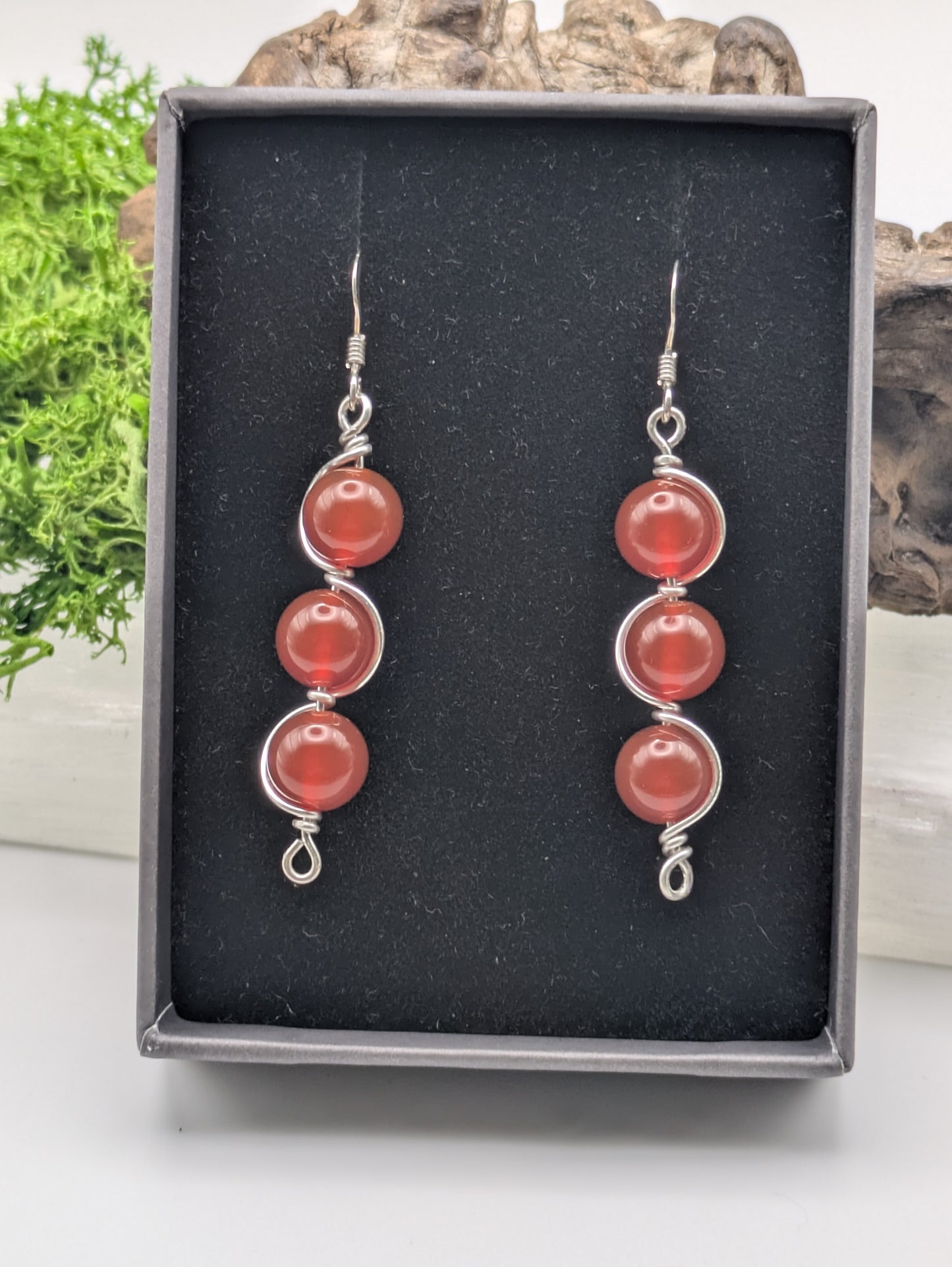 Triple Drop Carnelian Earrings,  Silver Wire-Wrapped Gemstone Dangles for Passion & Motivation