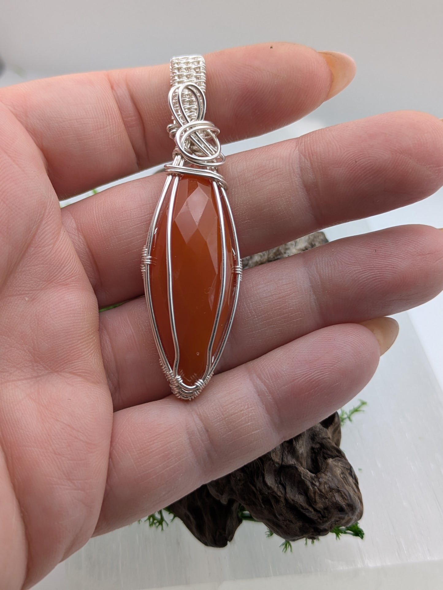 Faceted Marquis Carnelian Pendant,  Hand-Wrapped in Sterling Silver
