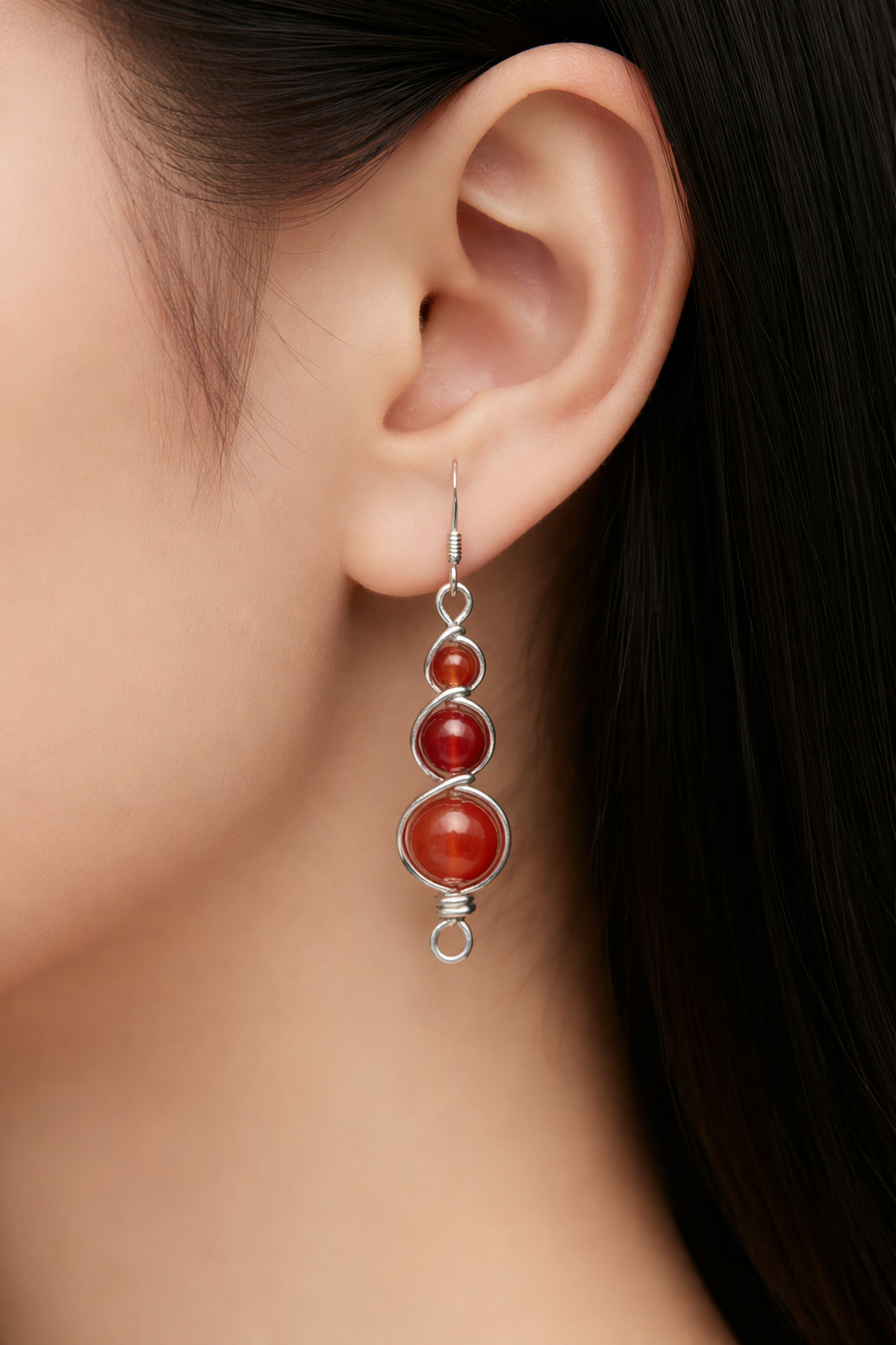 Triple Drop Carnelian Earrings,  Silver Wire-Wrapped Gemstone Dangles for Passion & Motivation