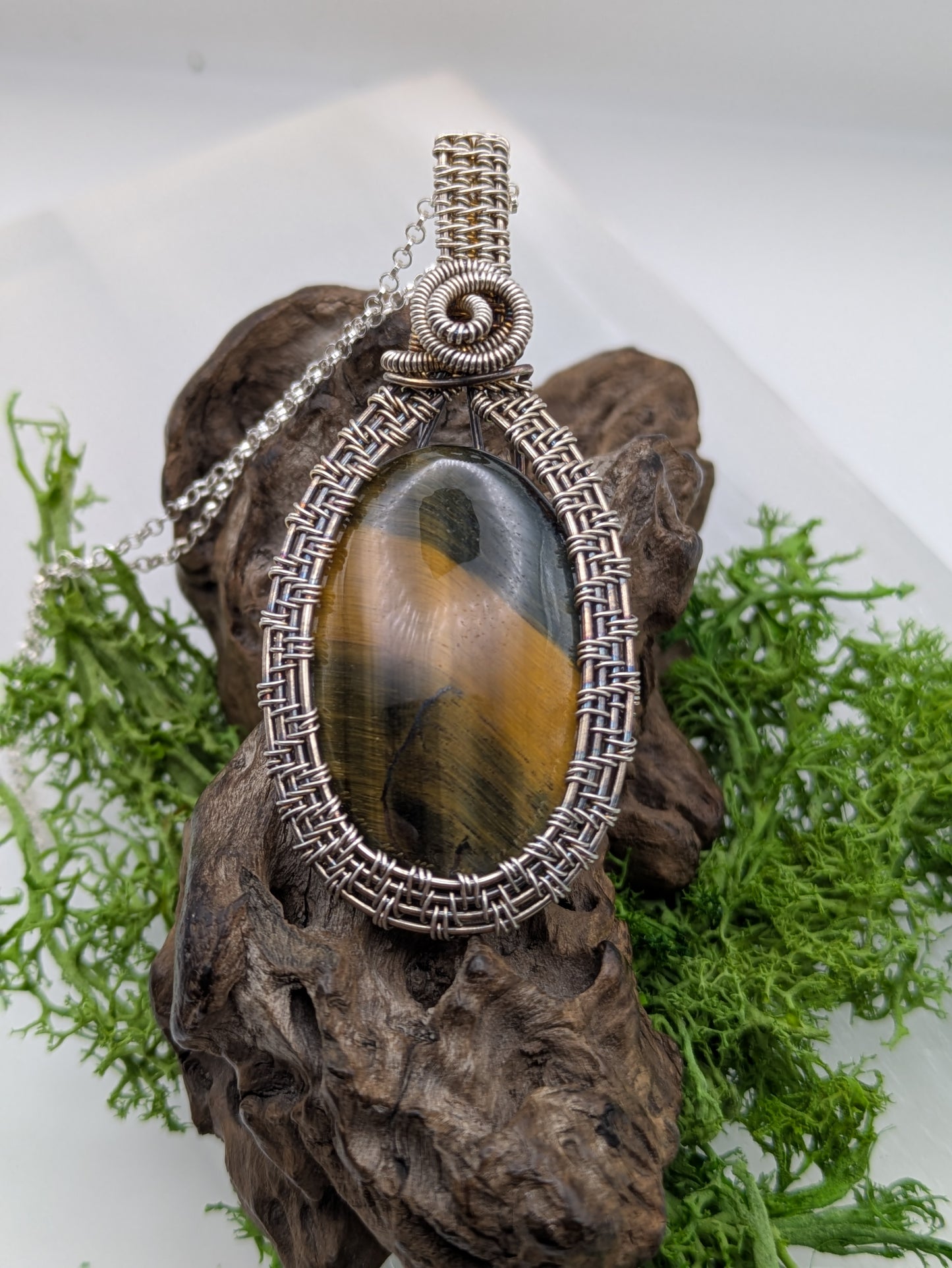 Antiqued Tiger’s Eye Pendant,  Hand-Wrapped in Sterling Silver