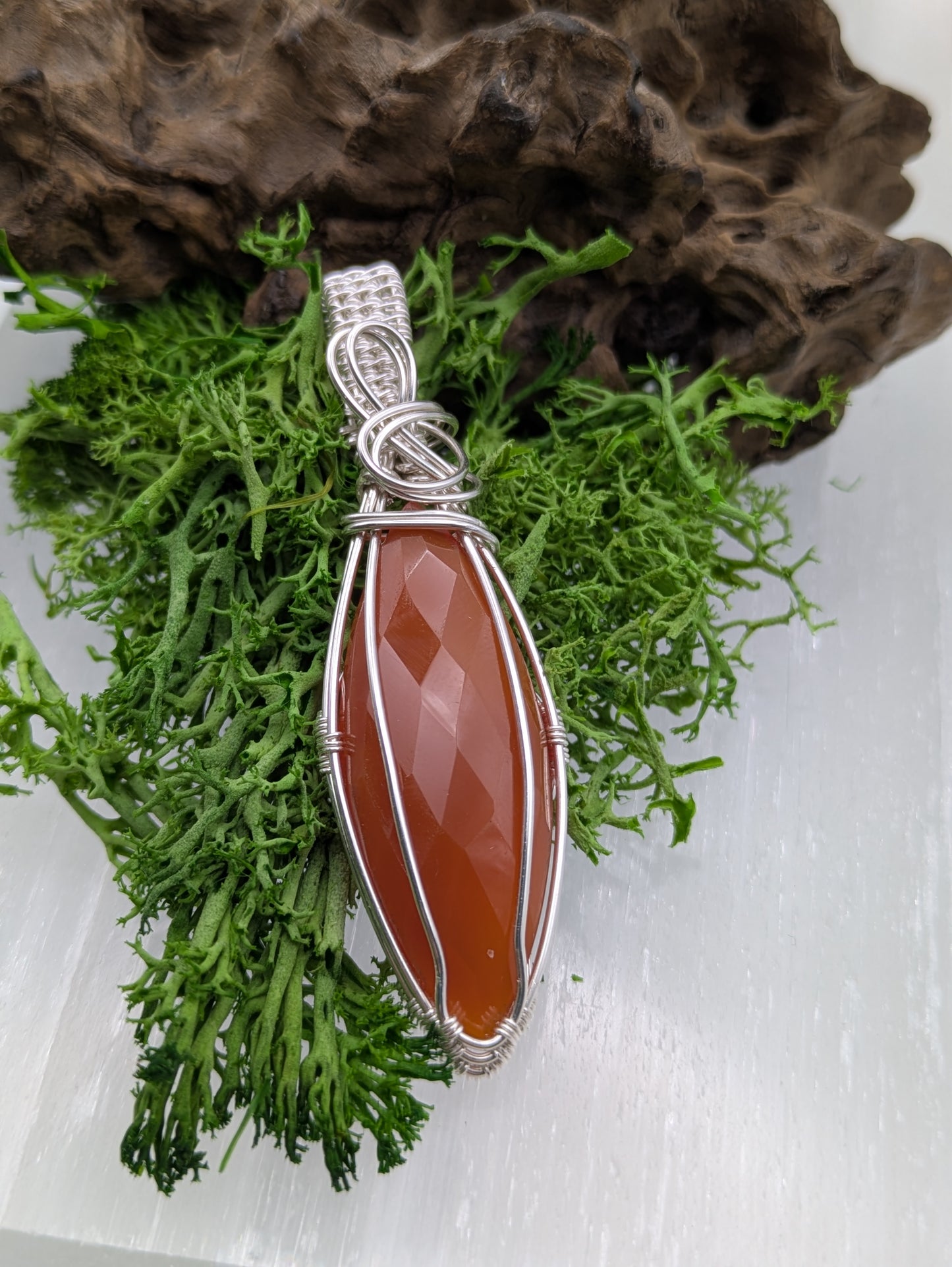Faceted Marquis Carnelian Pendant,  Hand-Wrapped in Sterling Silver