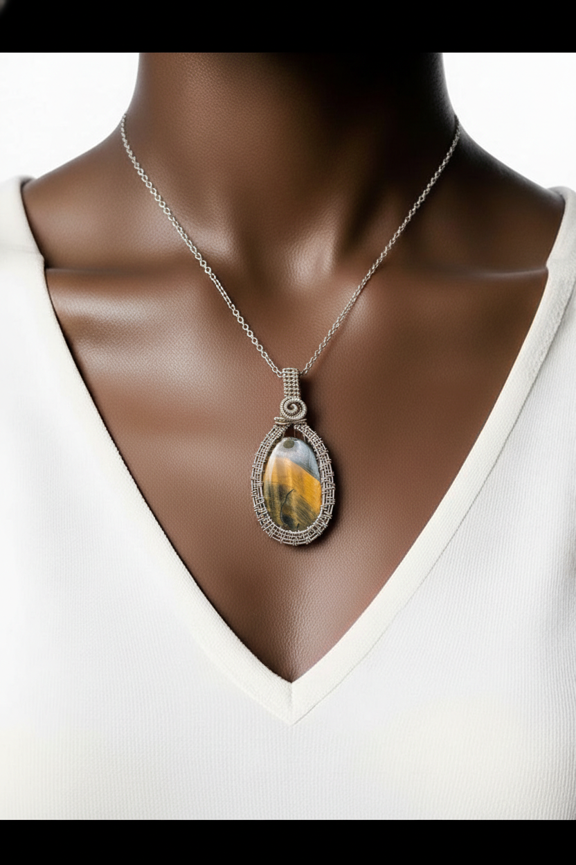 Antiqued Tiger’s Eye Pendant,  Hand-Wrapped in Sterling Silver
