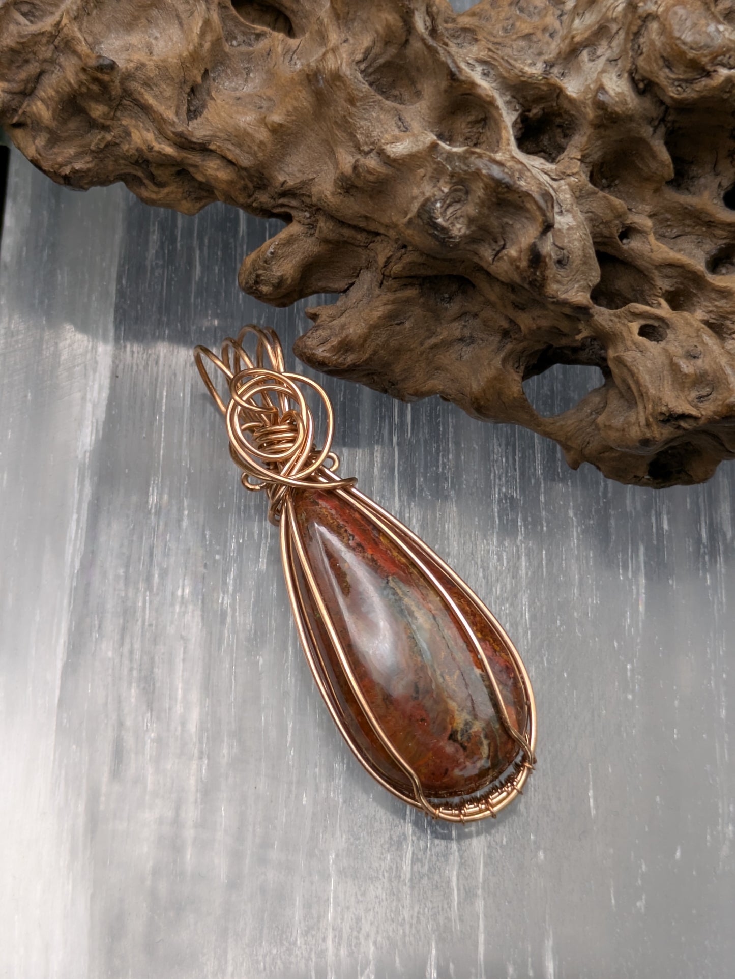 Bronze-Wrapped Red Moss Agate Pendant – Earthy Elegance & Grounding Energy