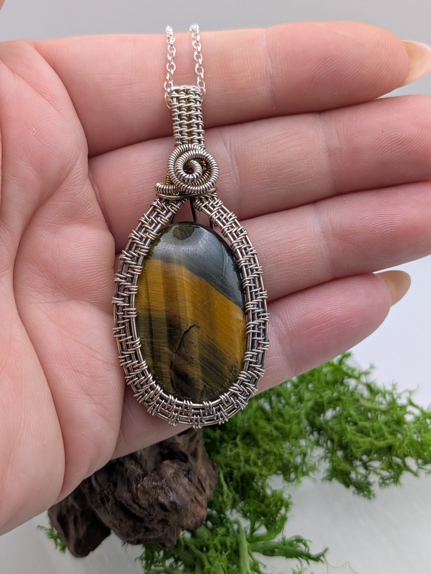 Antiqued Tiger’s Eye Pendant,  Hand-Wrapped in Sterling Silver