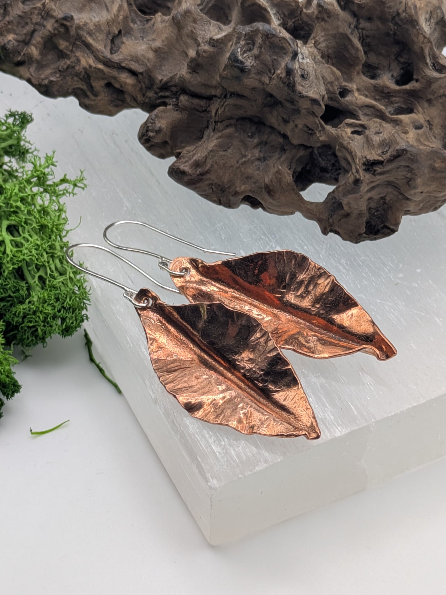 Handcrafted Copper Leaf Earrings,  Textured Nature Inspired Design, Sterling Silver Hooks