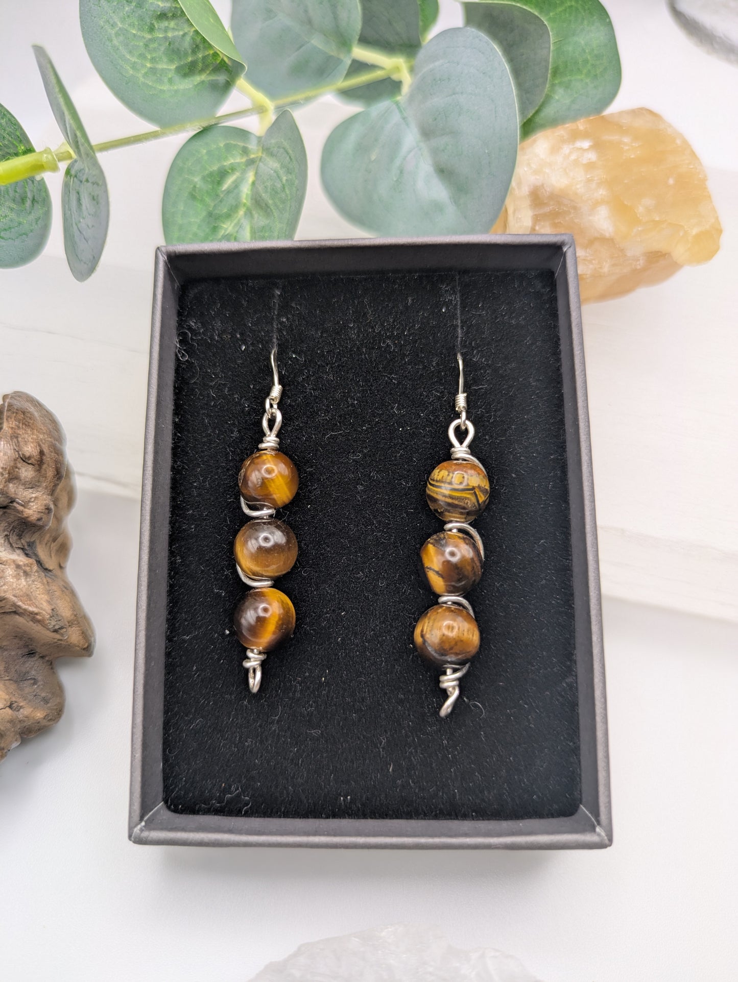 Triple Drop Tigers Eye Earrings, Silver Wrapped for Strength, Balance & Flow