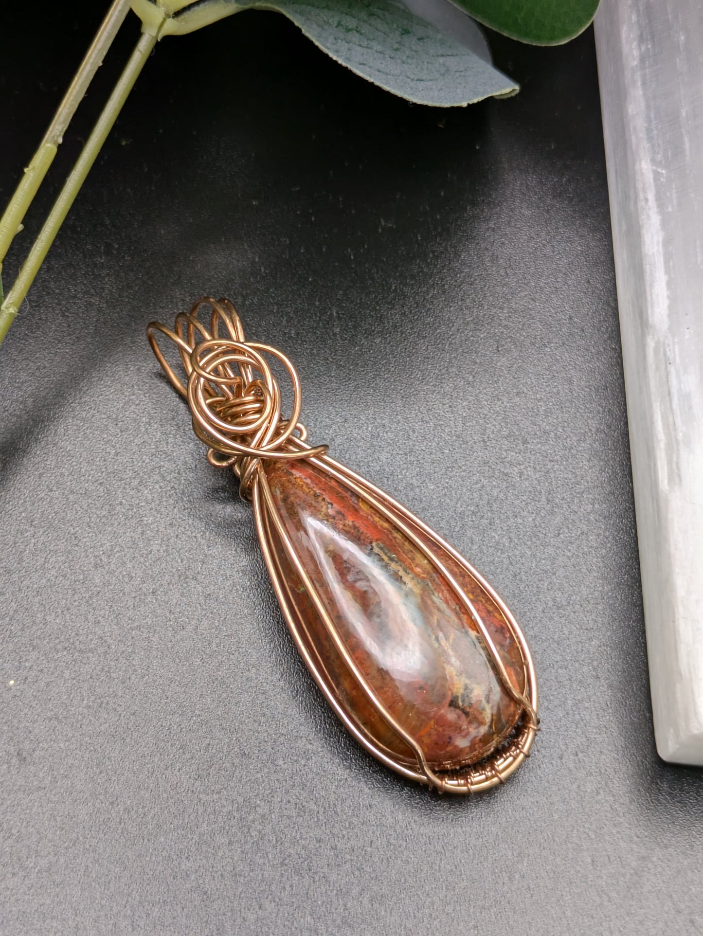 Bronze-Wrapped Red Moss Agate Pendant – Earthy Elegance & Grounding Energy
