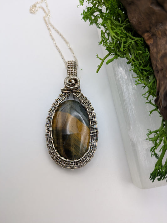 Antiqued Tiger’s Eye Pendant,  Hand-Wrapped in Sterling Silver