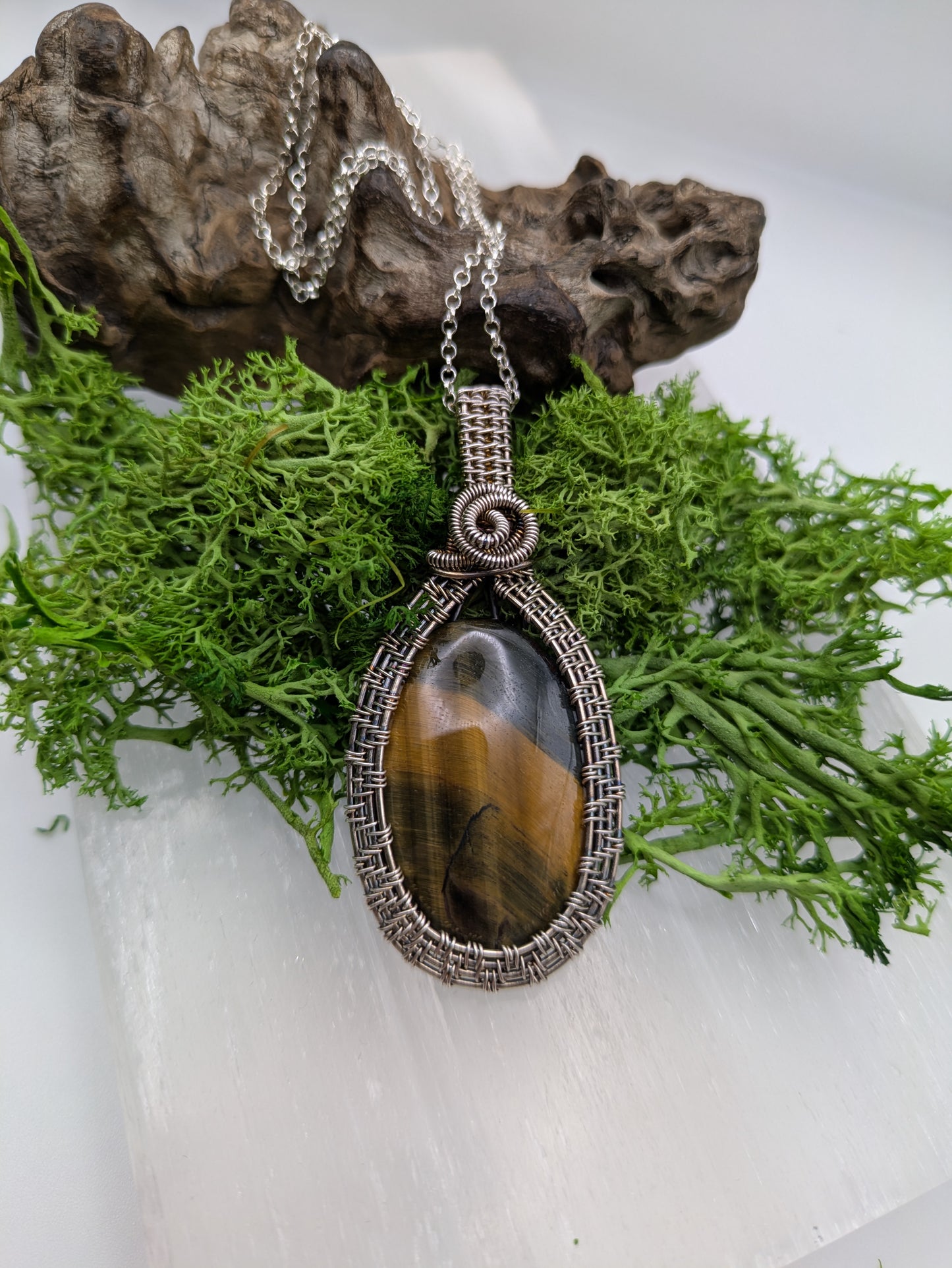 Antiqued Tiger’s Eye Pendant,  Hand-Wrapped in Sterling Silver