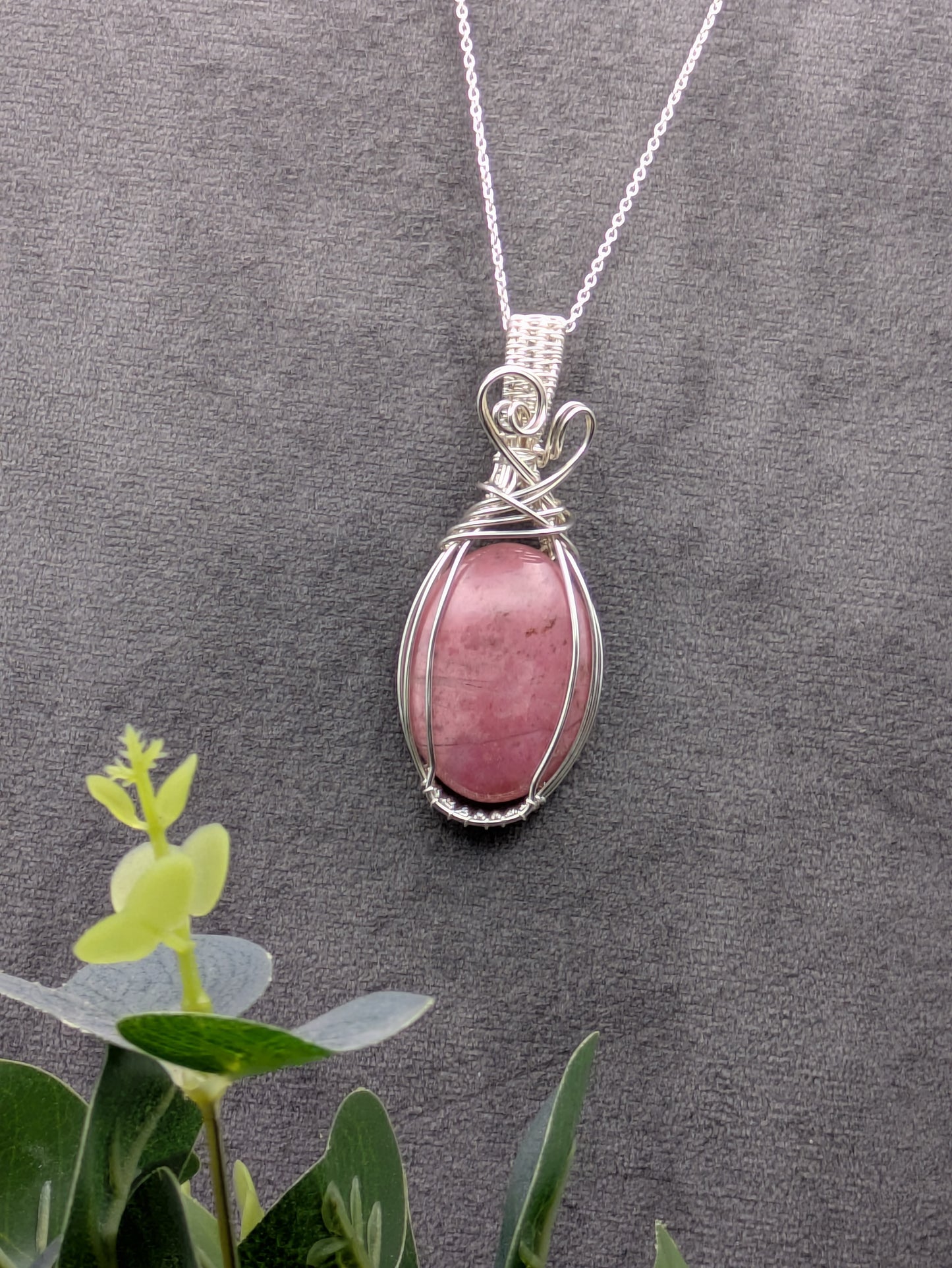 Statement rhodonite necklace, wire-wrapped in sterling silver and handcrafted in a Buckingham studio using ethically sourced materials