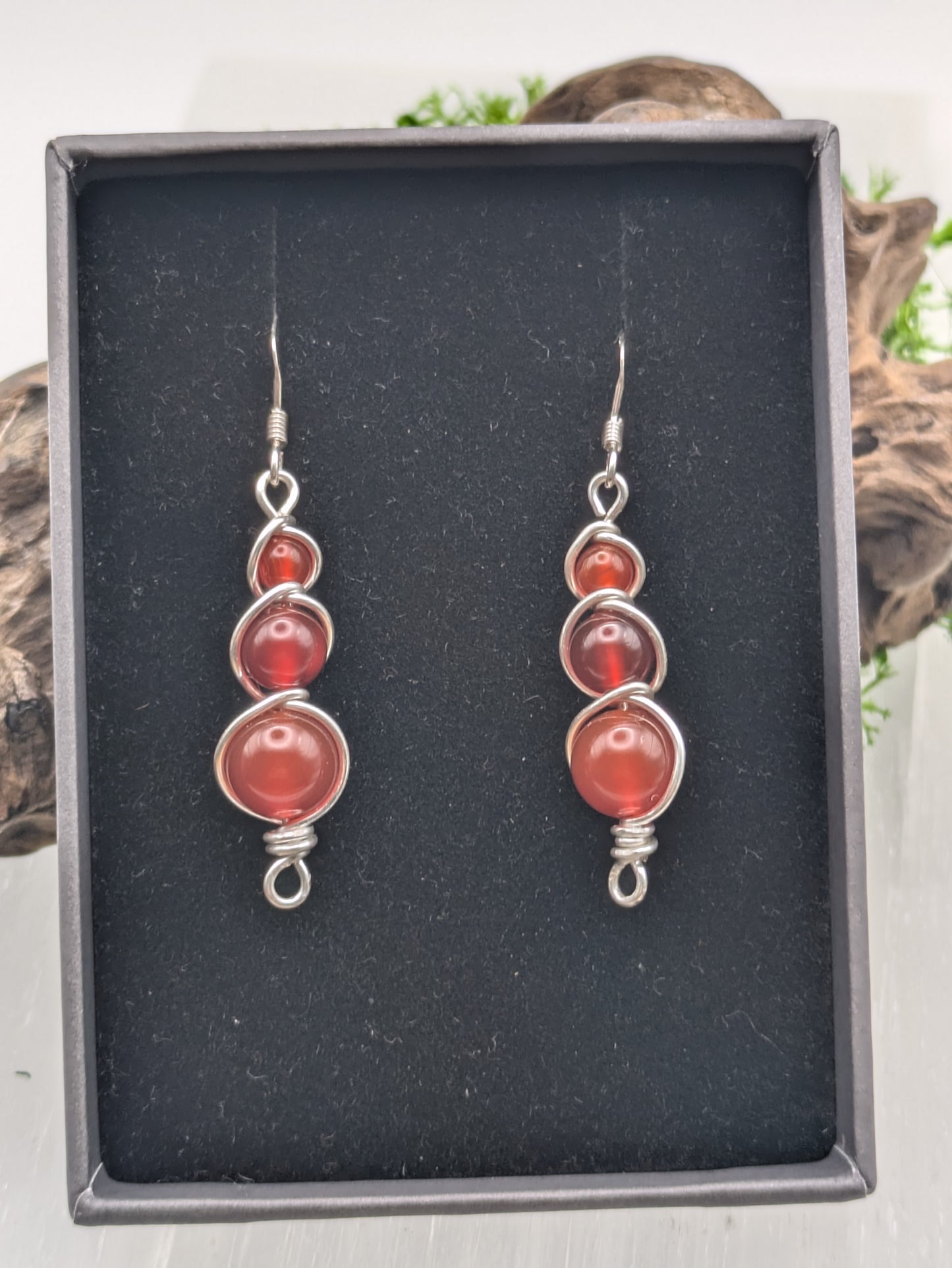 Triple Drop Carnelian Earrings,  Silver Wire-Wrapped Gemstone Dangles for Passion & Motivation