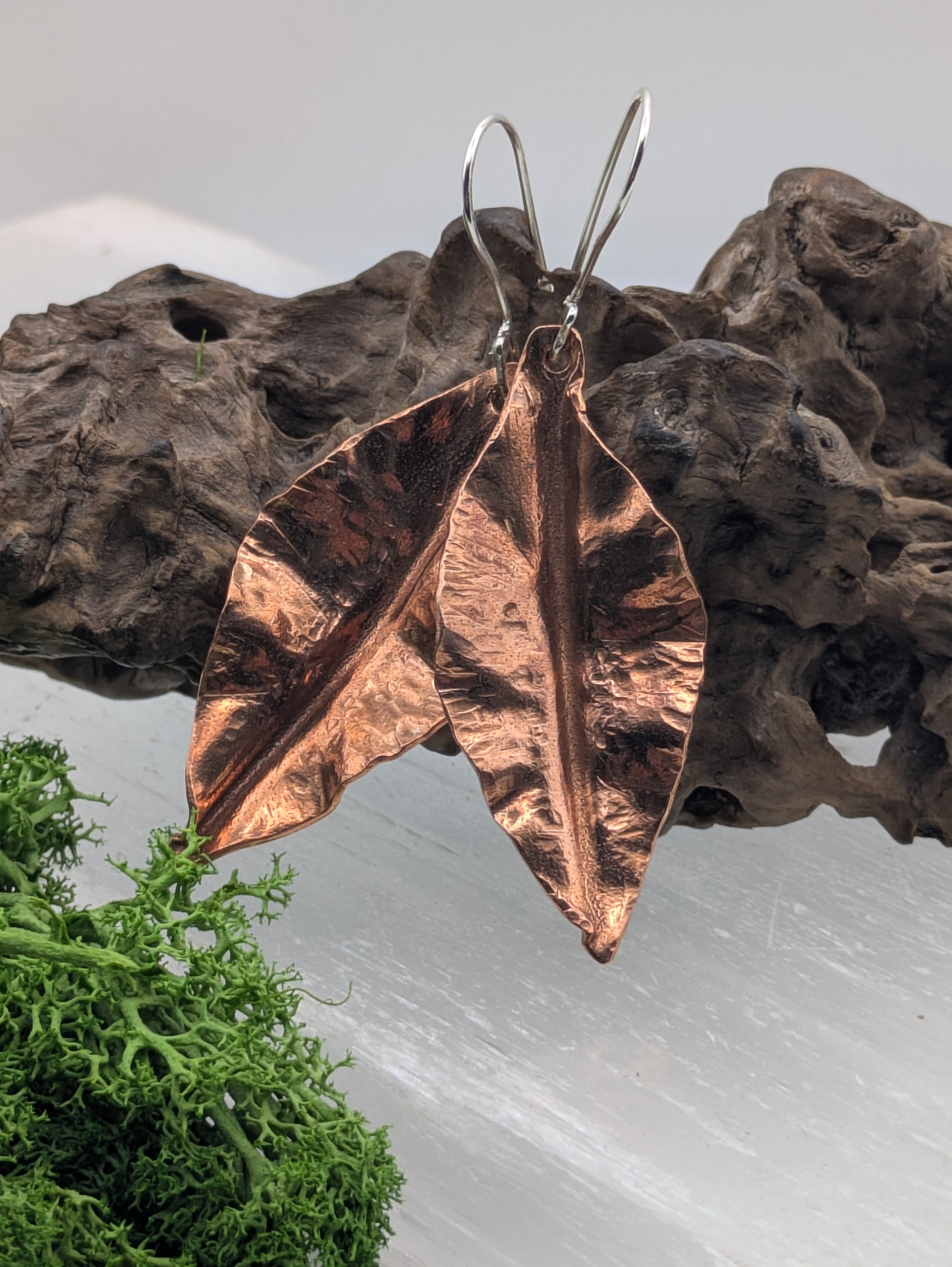 Handcrafted Copper Leaf Earrings,  Textured Nature Inspired Design, Sterling Silver Hooks